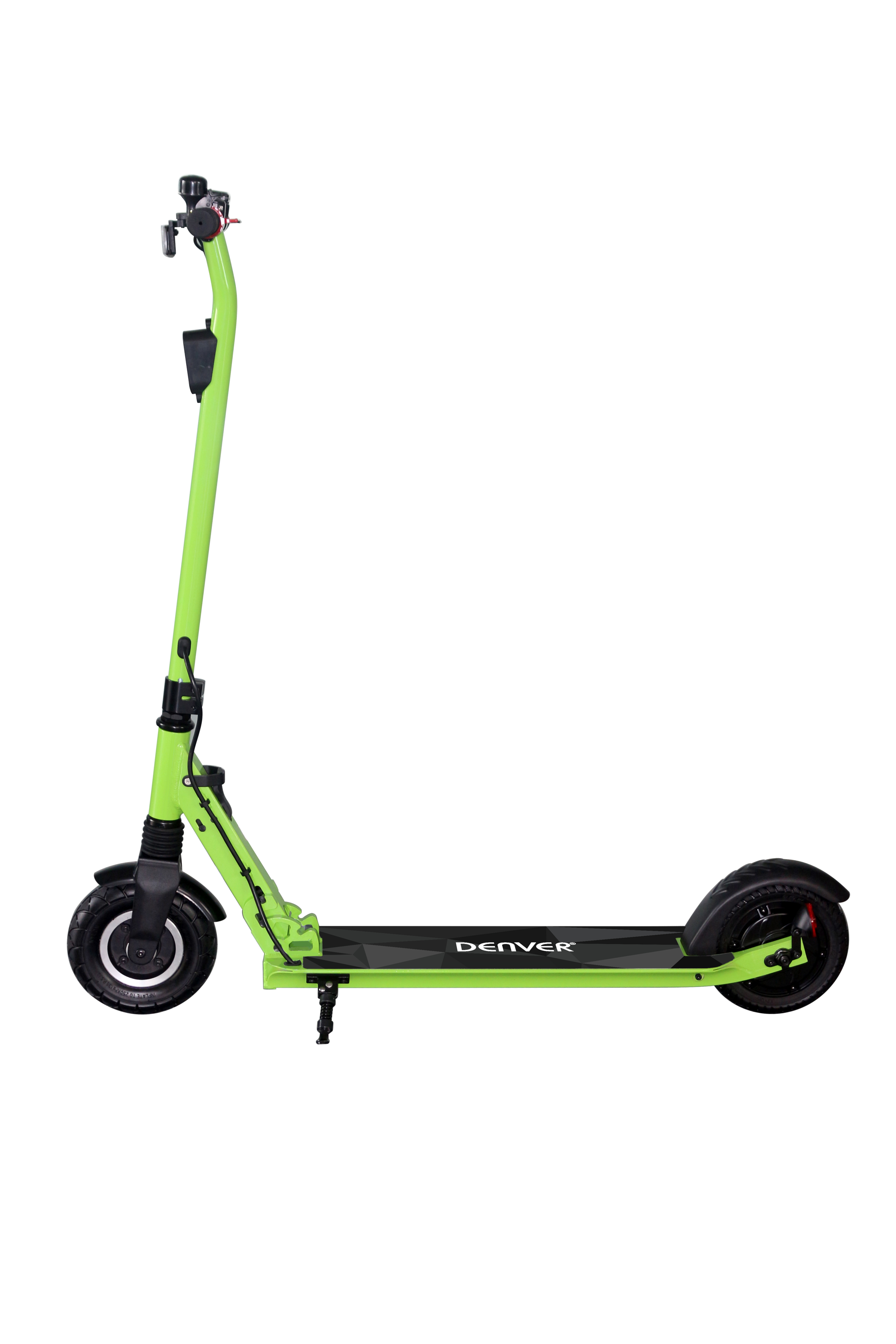 Scooter elettrico verde lime, vista laterale su sfondo bianco, dettagli neri.