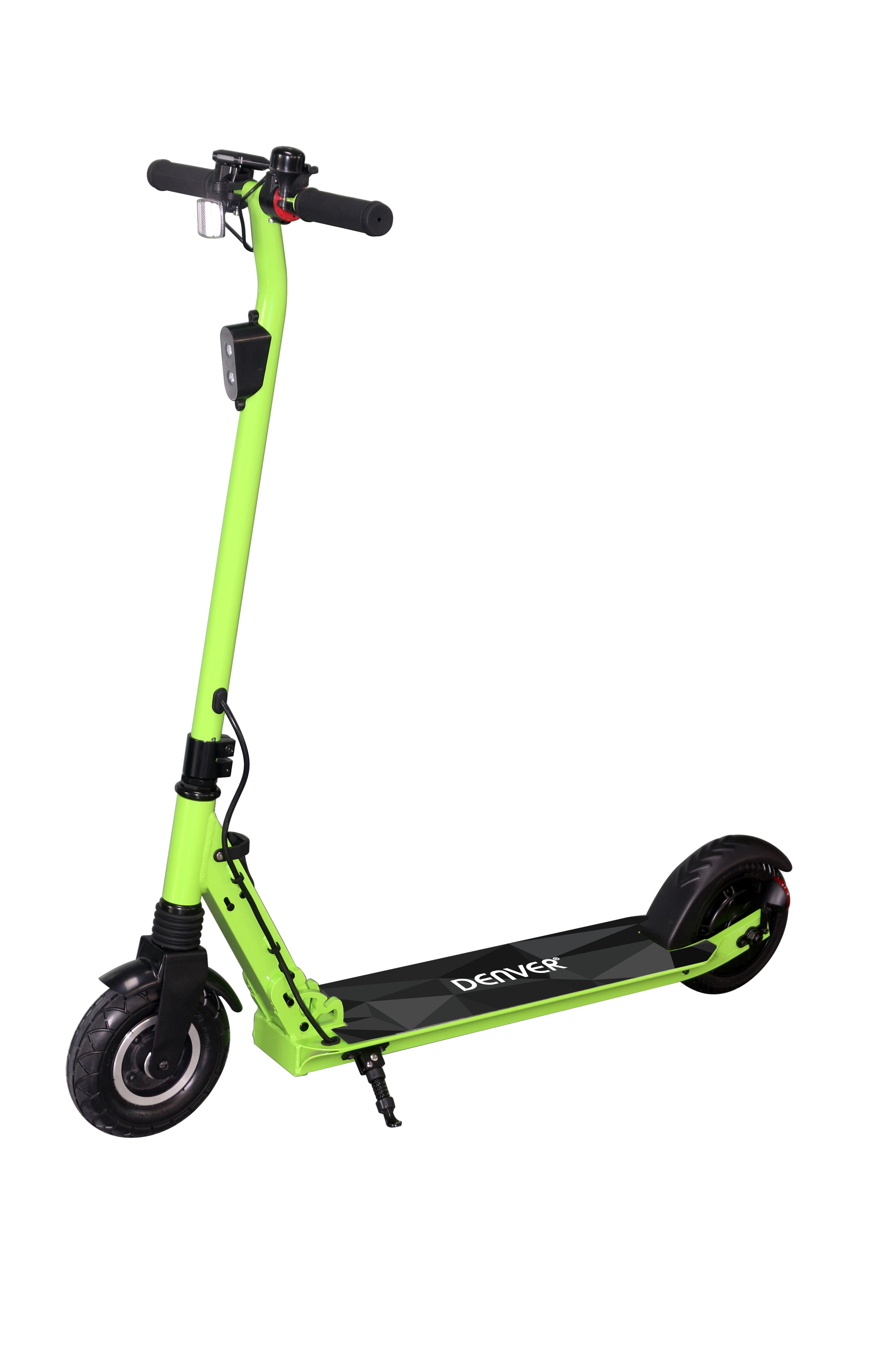 Scooter verde. Pneumatici e telaio neri. Logo Denver sul telaio. Sfondo bianco.