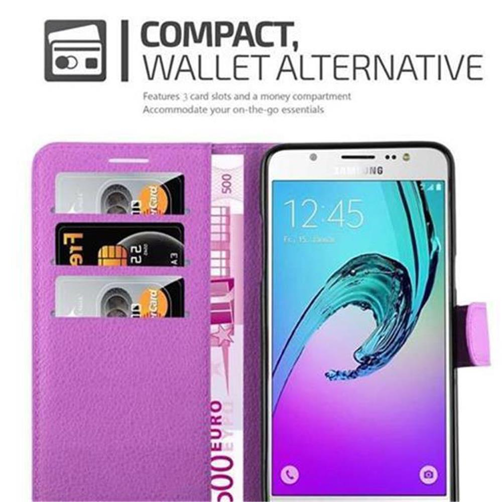 Eine lila Brieftasche-Handyhülle mit Kartenfächern und einem Telefon, das einen Bildschirm anzeigt.