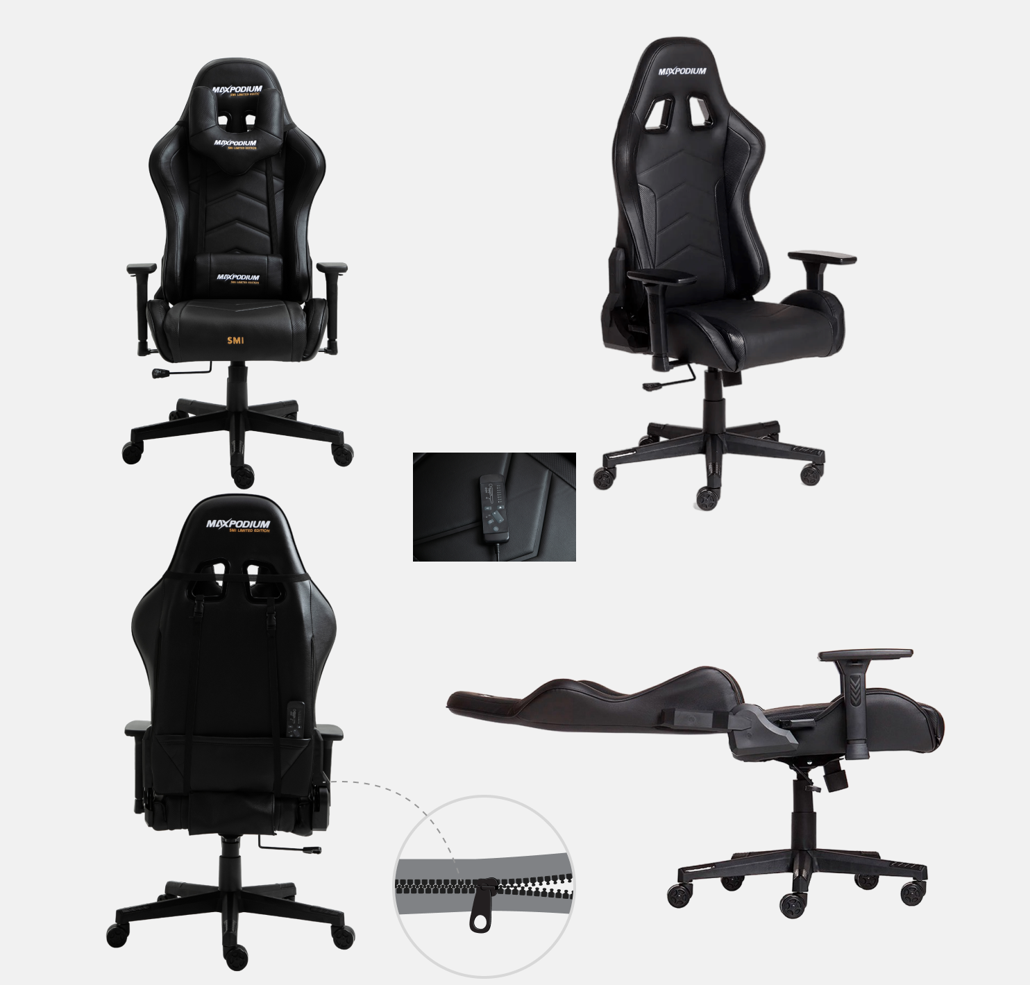 Chaise gaming noire. Plusieurs vues. Bras, appuie-tête et roues réglables. Le logo est visible.