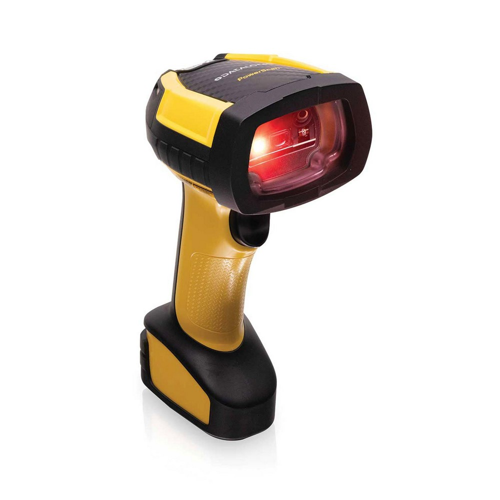 Uno scanner di codici a barre portatile giallo e nero con una luce rossa emessa dalla testa dello scanner.