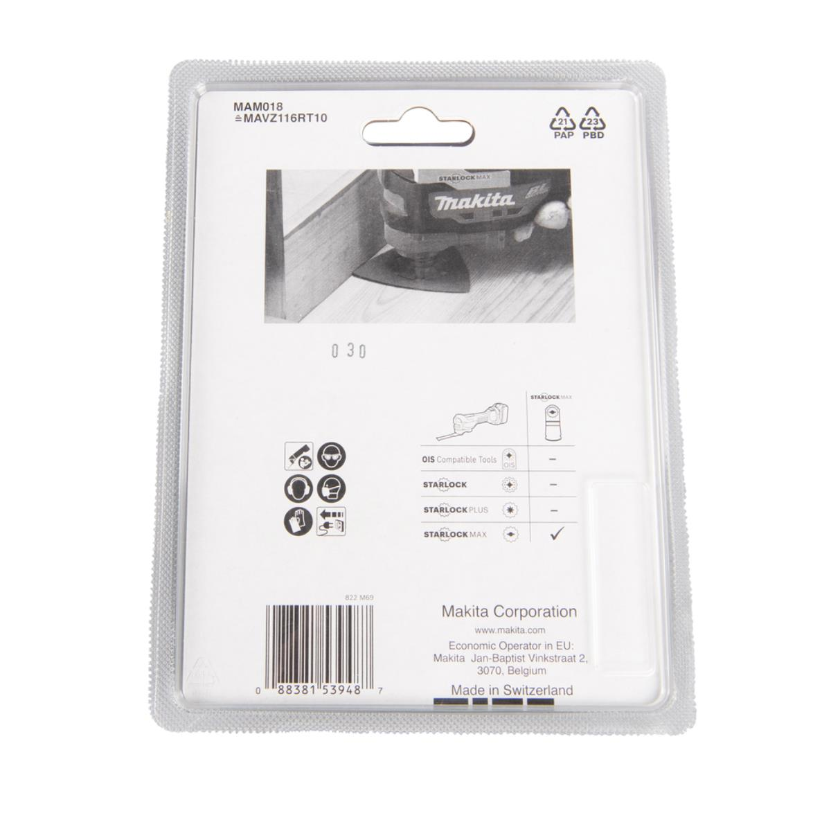 Opakowanie narzędzia Makita ze zdjęciem szlifierki i szczegółami na białym tle.