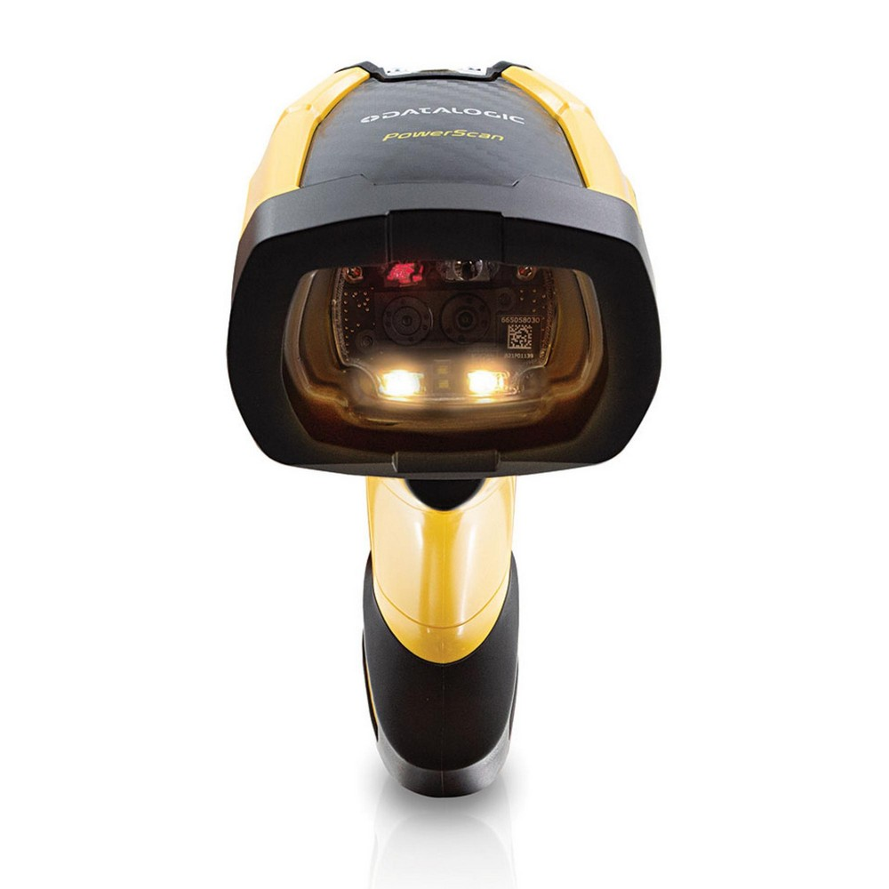 Uno scanner di codici a barre giallo e nero. Ha una luce rossa e due luci bianche brillanti.