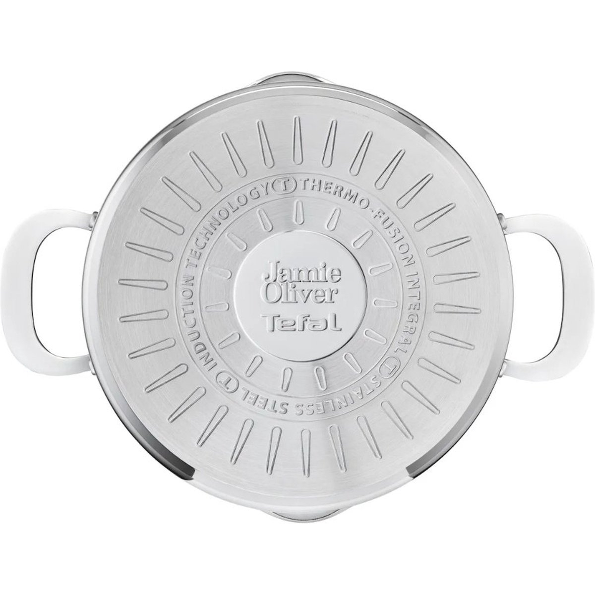 Casserole Tefal Jamie Oliver en acier inoxydable, vue du dessous, avec poignées. Fond blanc.