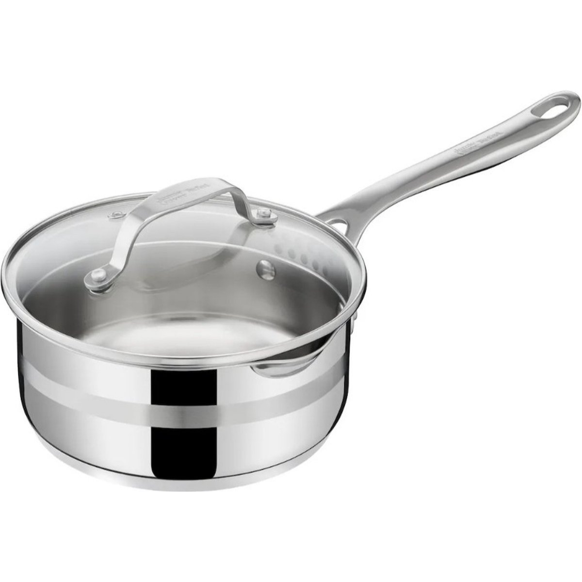 Casserole en acier inoxydable avec couvercle en verre et longue poignée en métal, sur fond blanc.