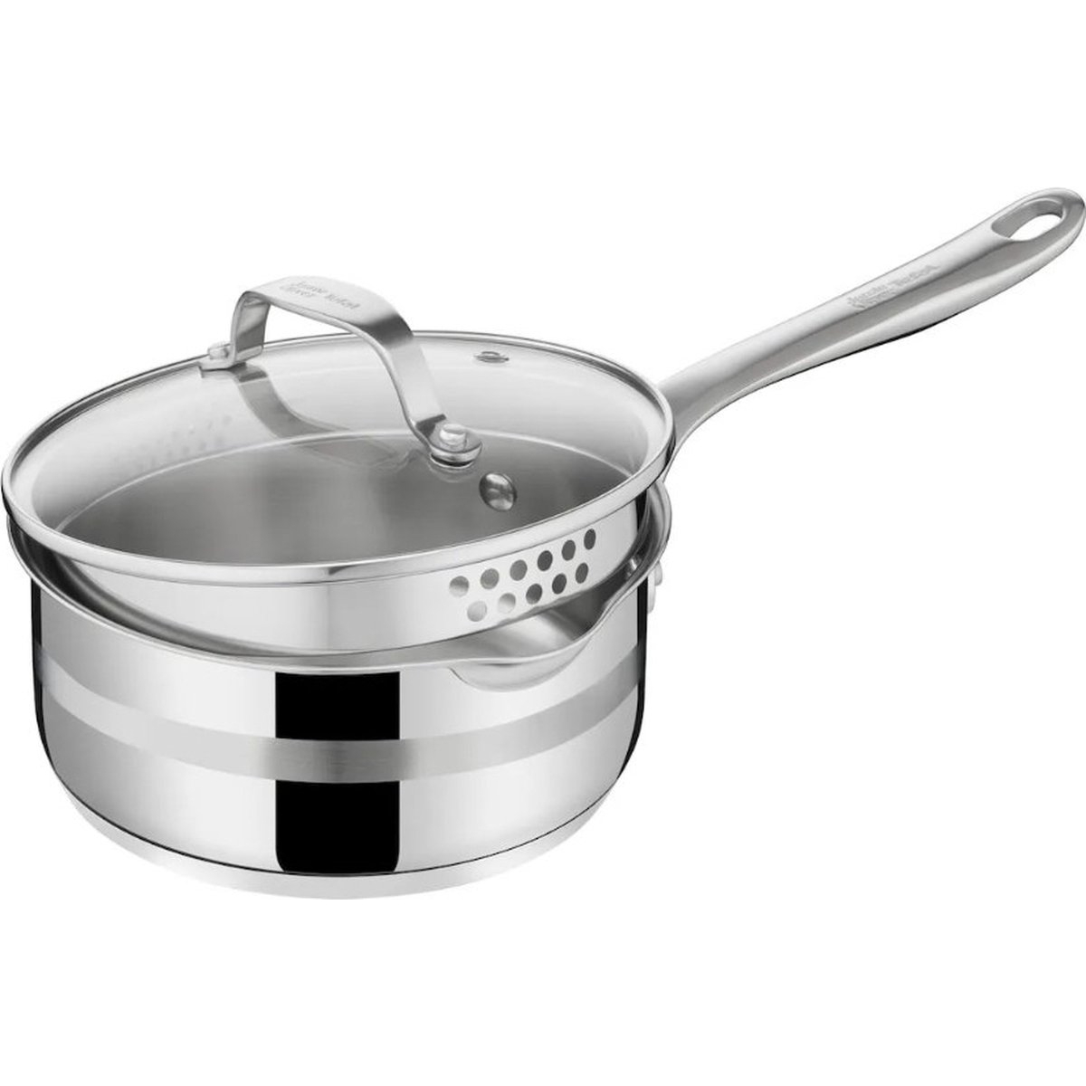 Casserole en acier inoxydable avec couvercle et insert vapeur. Fond blanc.