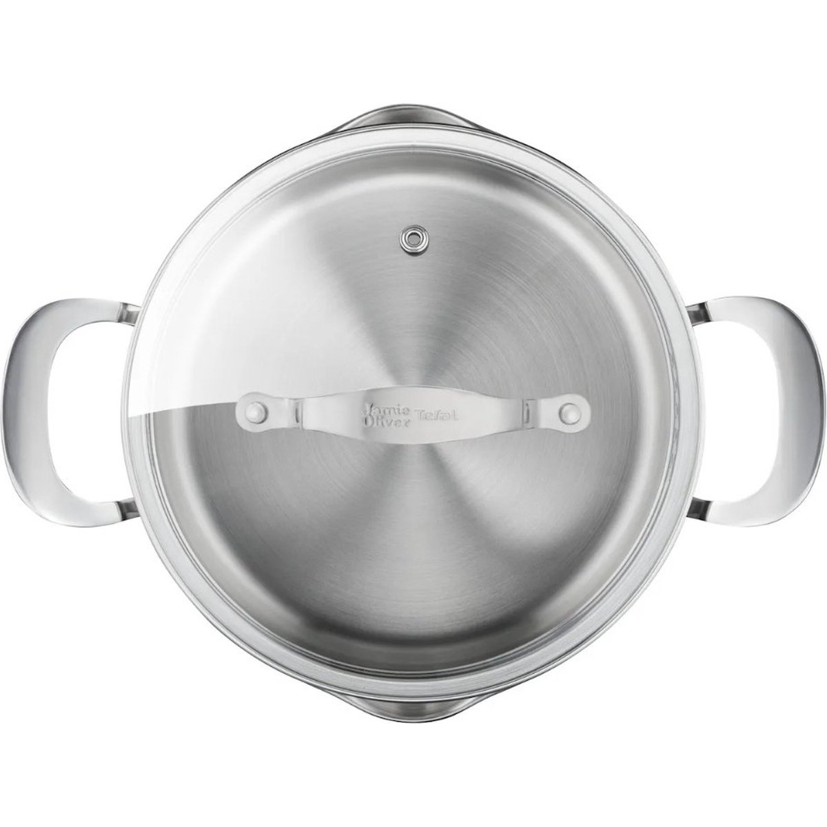 Une casserole en acier inoxydable avec un couvercle en verre. Les poignées sont également en acier inoxydable.