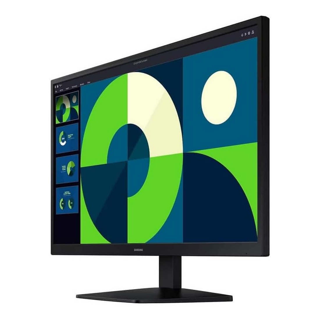 Czarny monitor komputera wyświetlający kolorową, abstrakcyjną grafikę o różnych kształtach i kolorach.