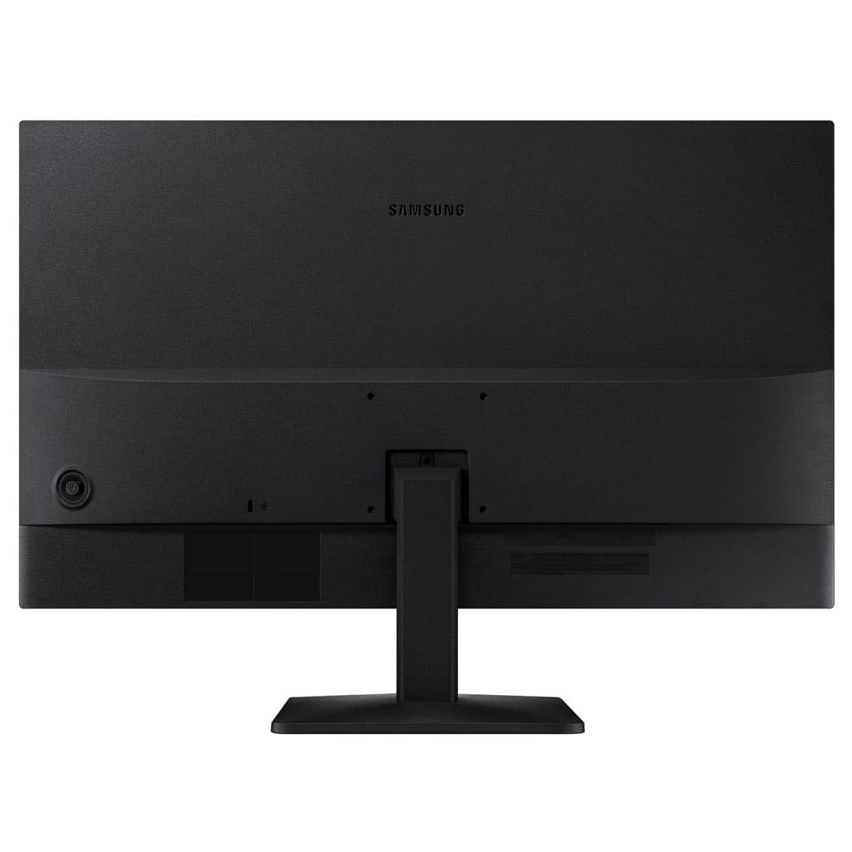 Tył czarnego monitora ze stojakiem. Nazwa marki widoczna na górze.