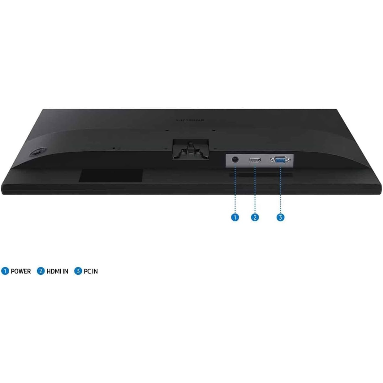 Widok z tyłu czarnego monitora komputera z oznaczonymi portami zasilania, HDMI i PC-in.