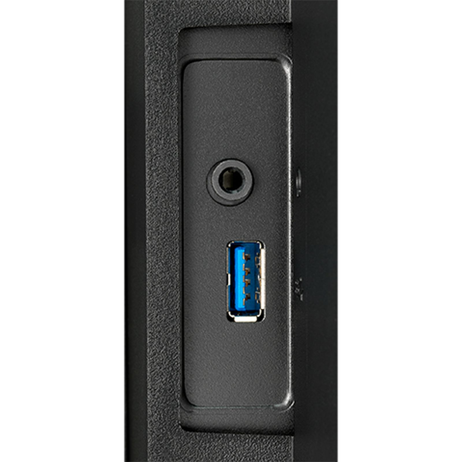 Eine schwarze USB- und Audioanschlussleiste mit USB-Anschluss und Klinkenanschluss.