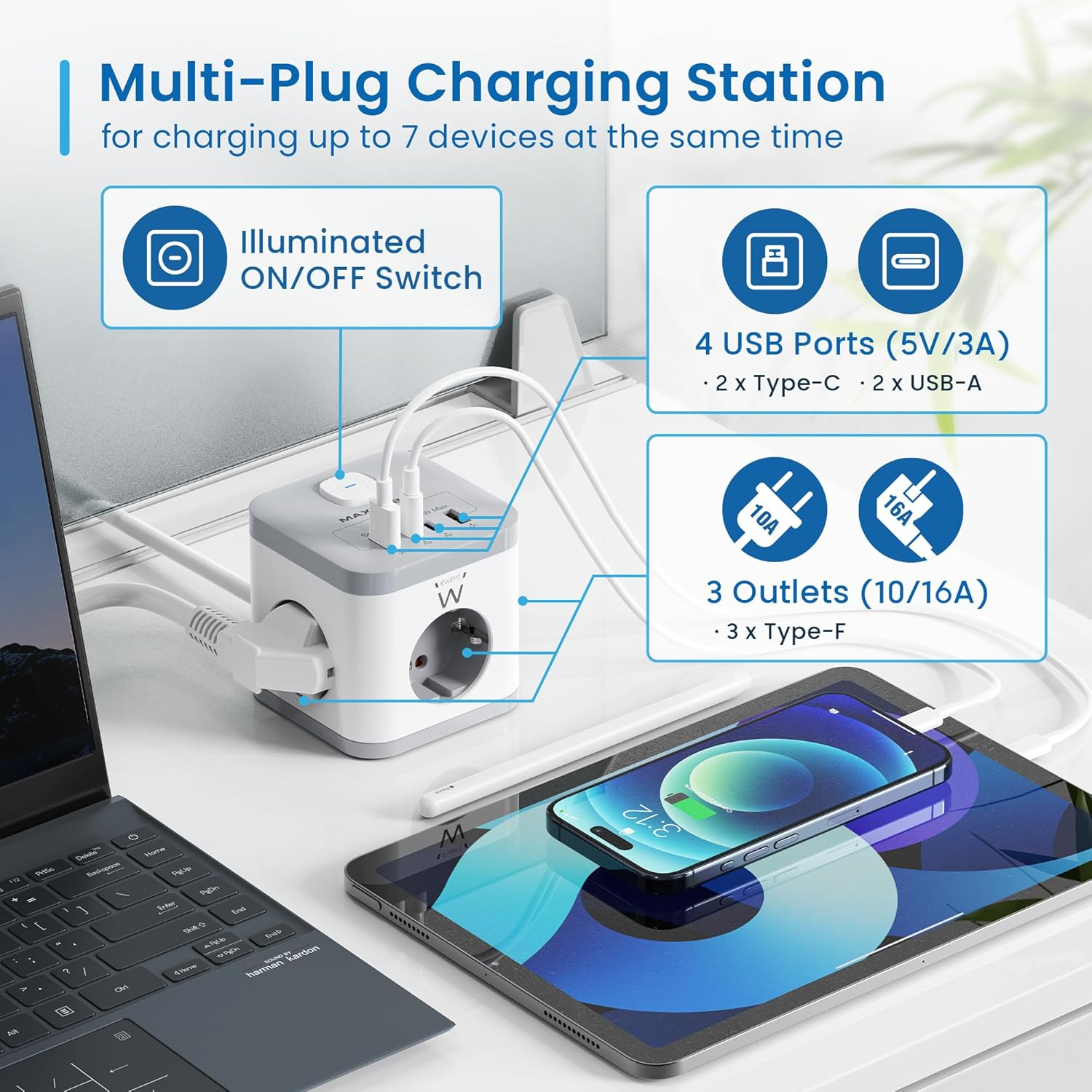 Mehrfachsteckdosen-Ladestation mit 3 Steckdosen, 4 USB-Anschlüssen und beleuchtetem Ein/Aus-Schalter.