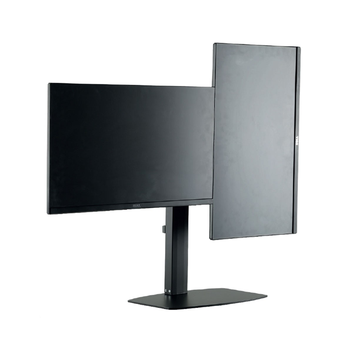 Due monitor per computer neri montati su un supporto. Uno è verticale, l'altro orizzontale.