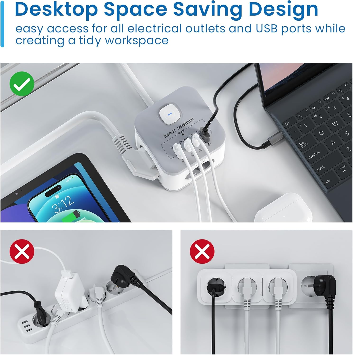 Ein Steckdosenleiste mit mehreren Steckdosen und USB-Anschlüssen. Zeigt ein Tablet und Laptop.