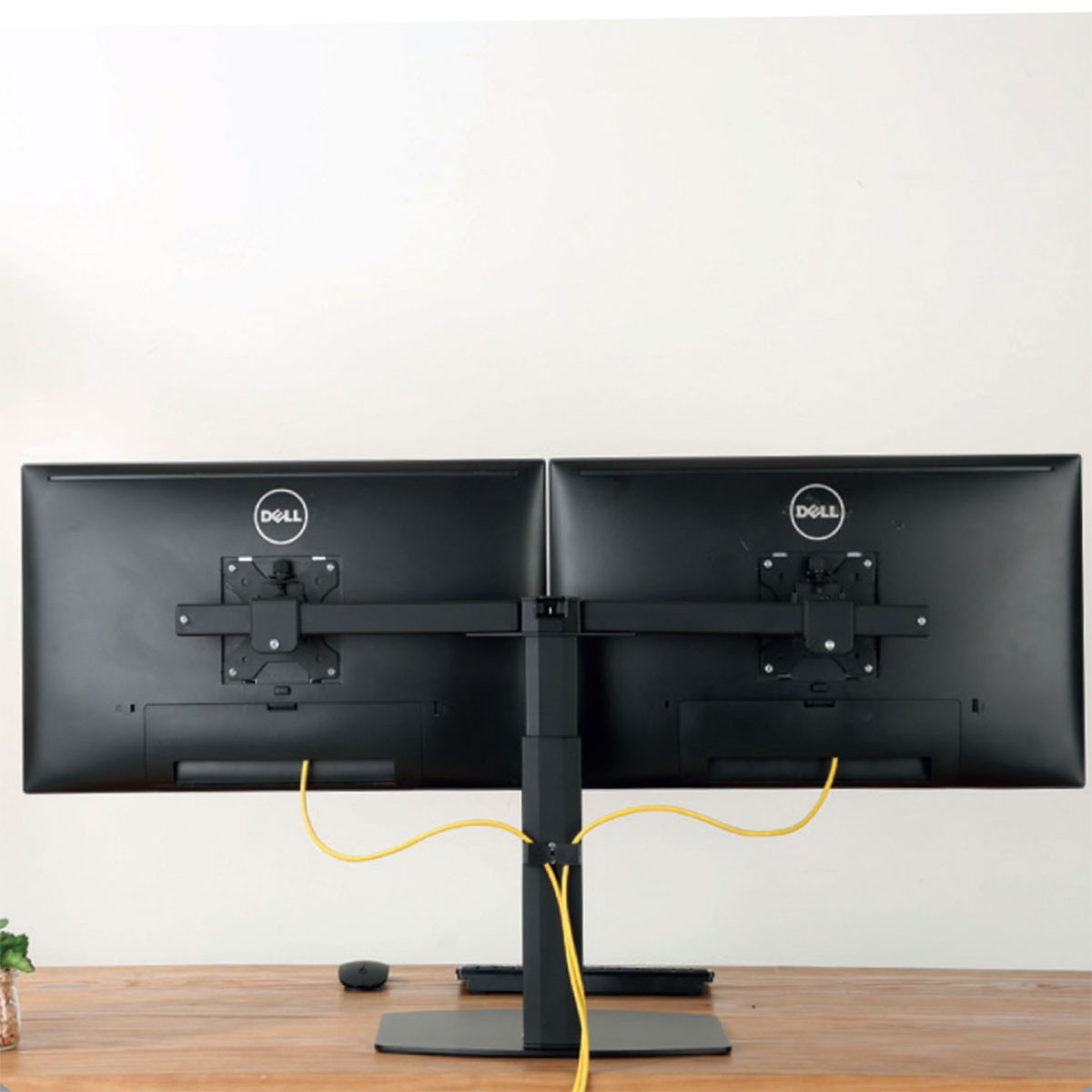 Due monitor Dell neri affiancati su un tavolo di legno. Cavi gialli visibili.