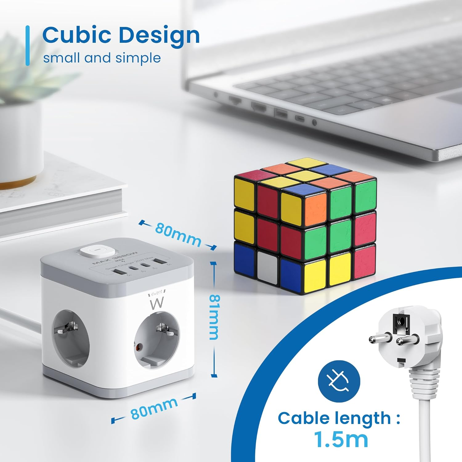Power-Cube, Zauberwürfel, Laptop. Text mit Abmessungen und 'kubischem Design'.