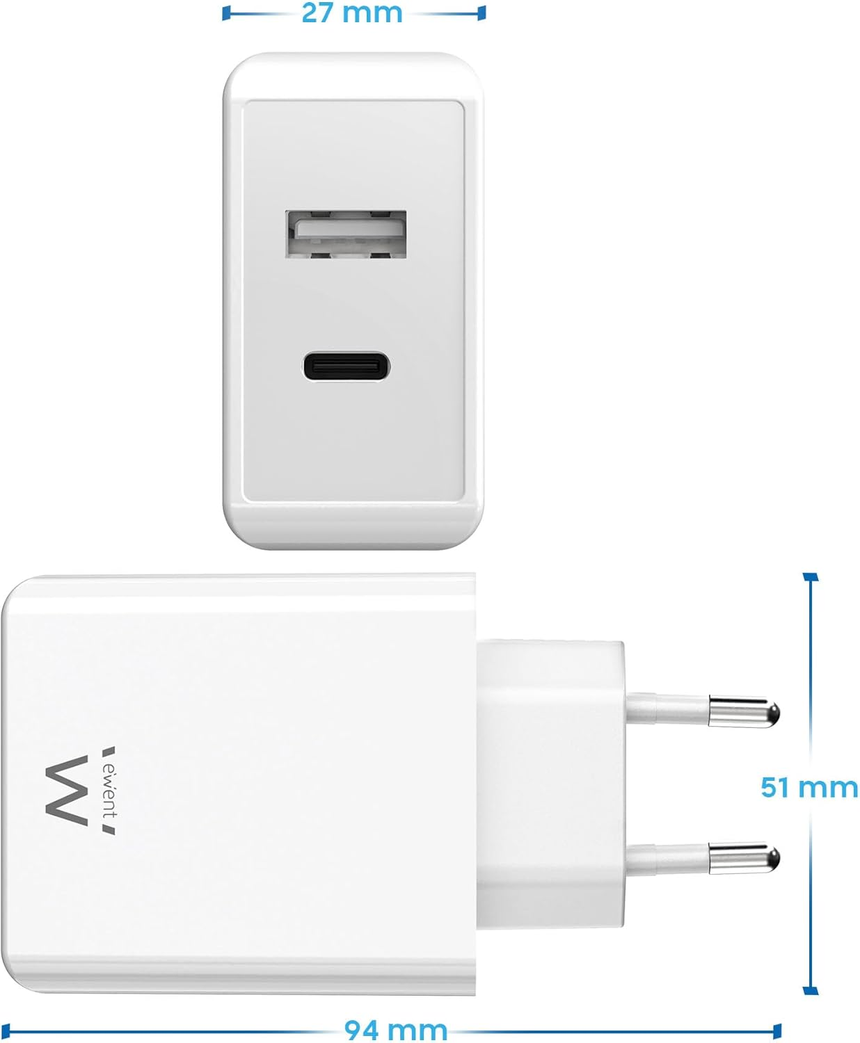 Caricatore USB bianco con dimensioni etichettate. Sopra porta USB e tipo-C. Sotto spina e marchio.