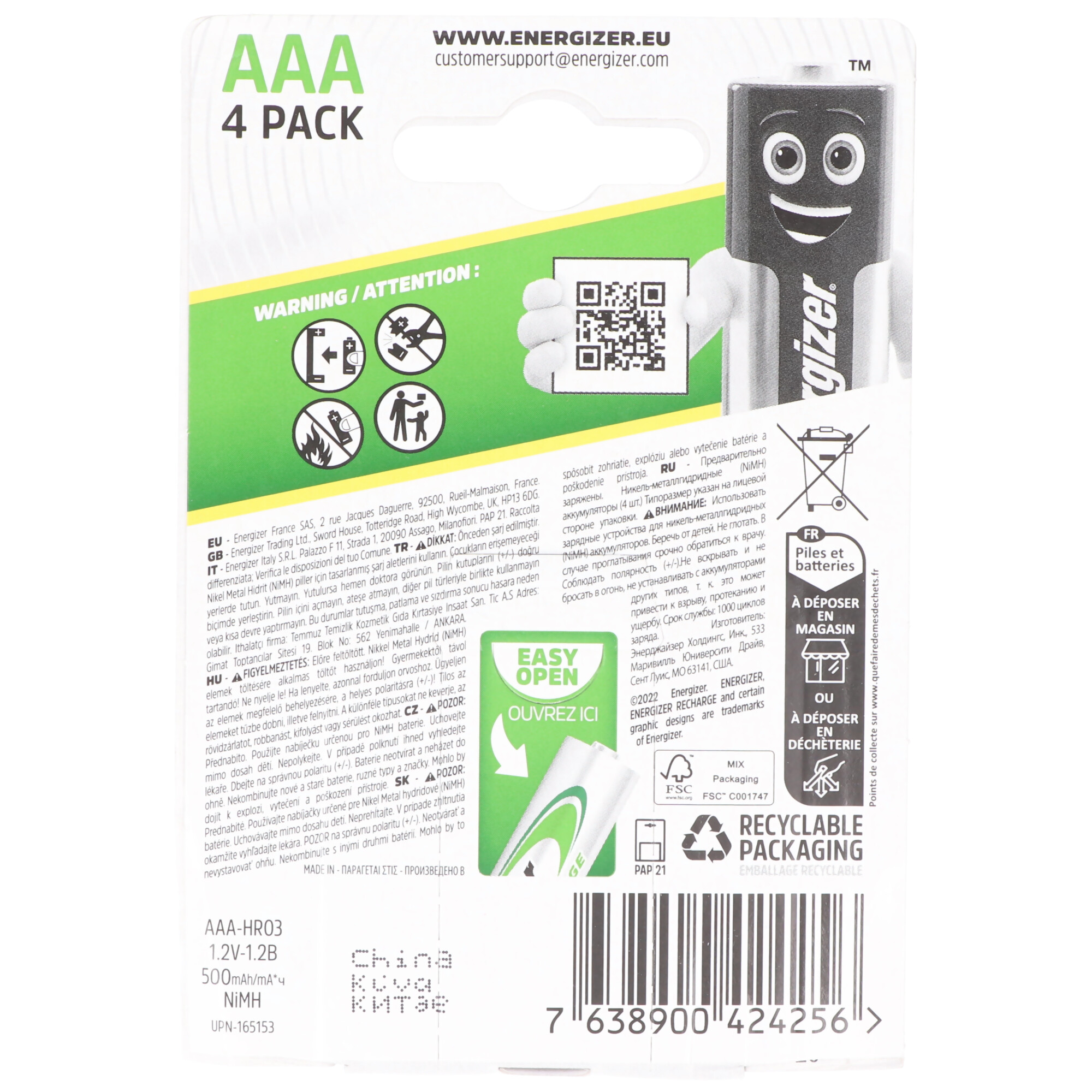 Baterie Energizer AAA 4 sztuki z symbolami ostrzegawczymi i informacjami o recyklingu.