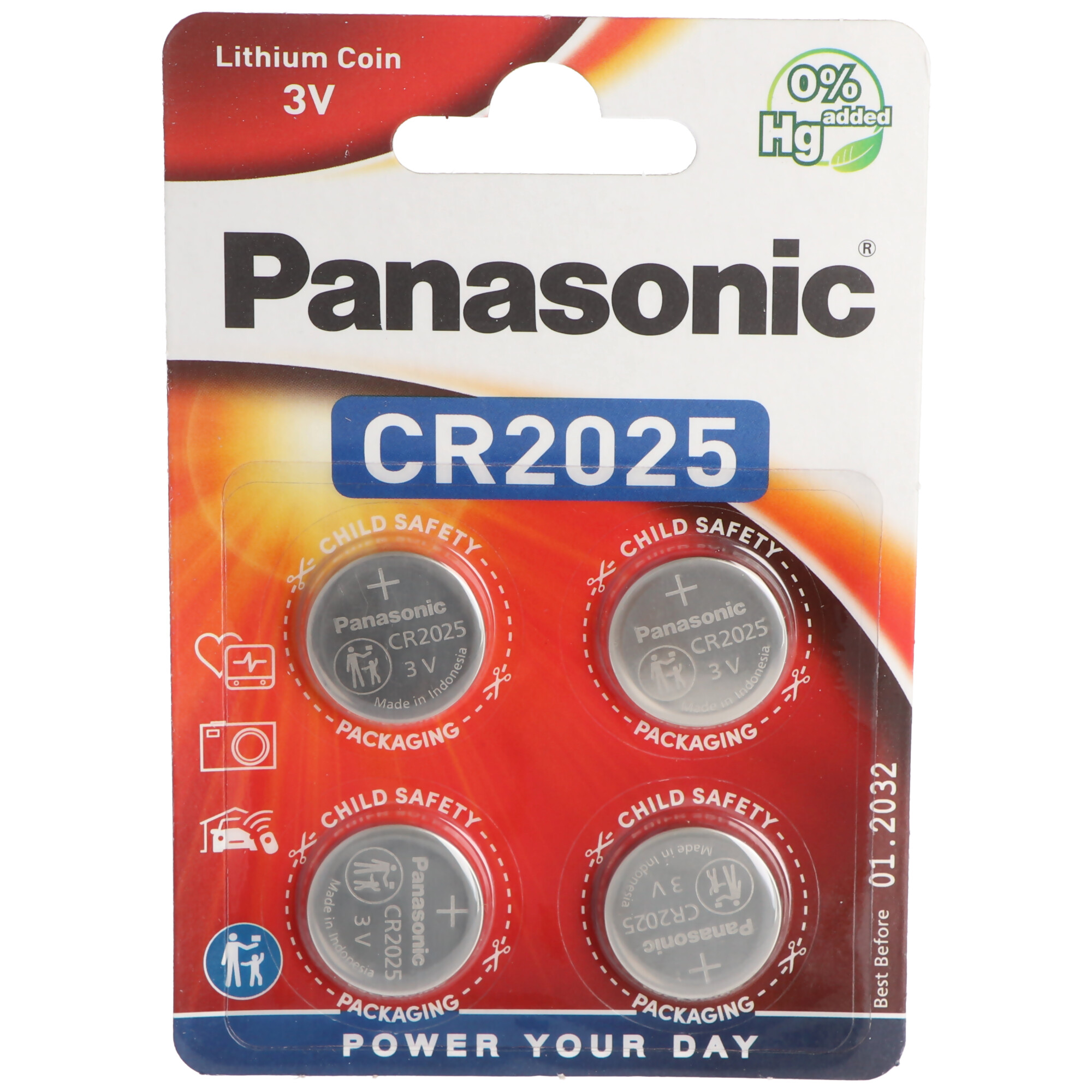Baterie pastylkowe litowe Panasonic CR2025 w opakowaniu na białym tle.