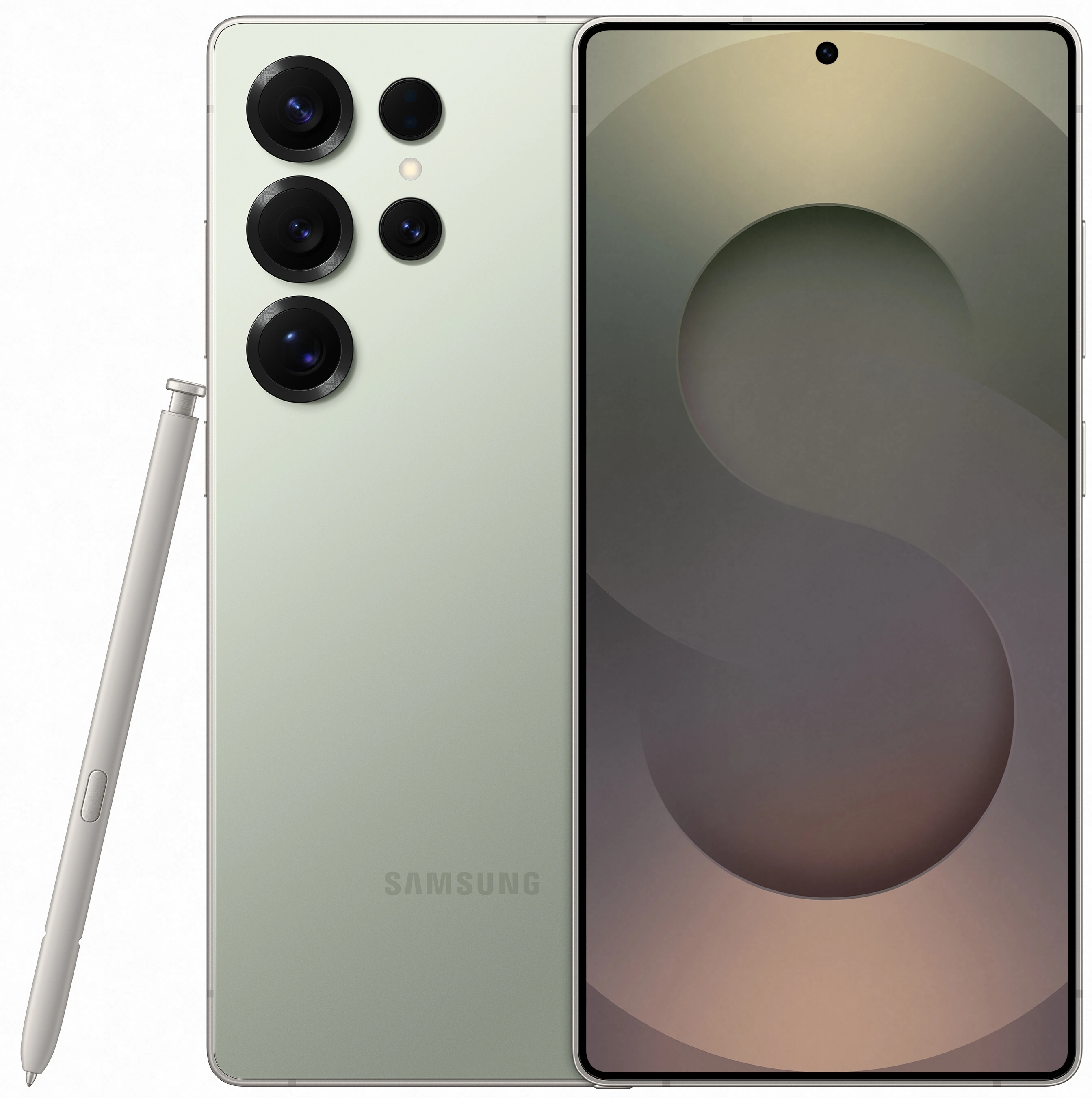 Zielony telefon z wieloma aparatami, rysikiem i logo Samsung. Widok z tyłu.