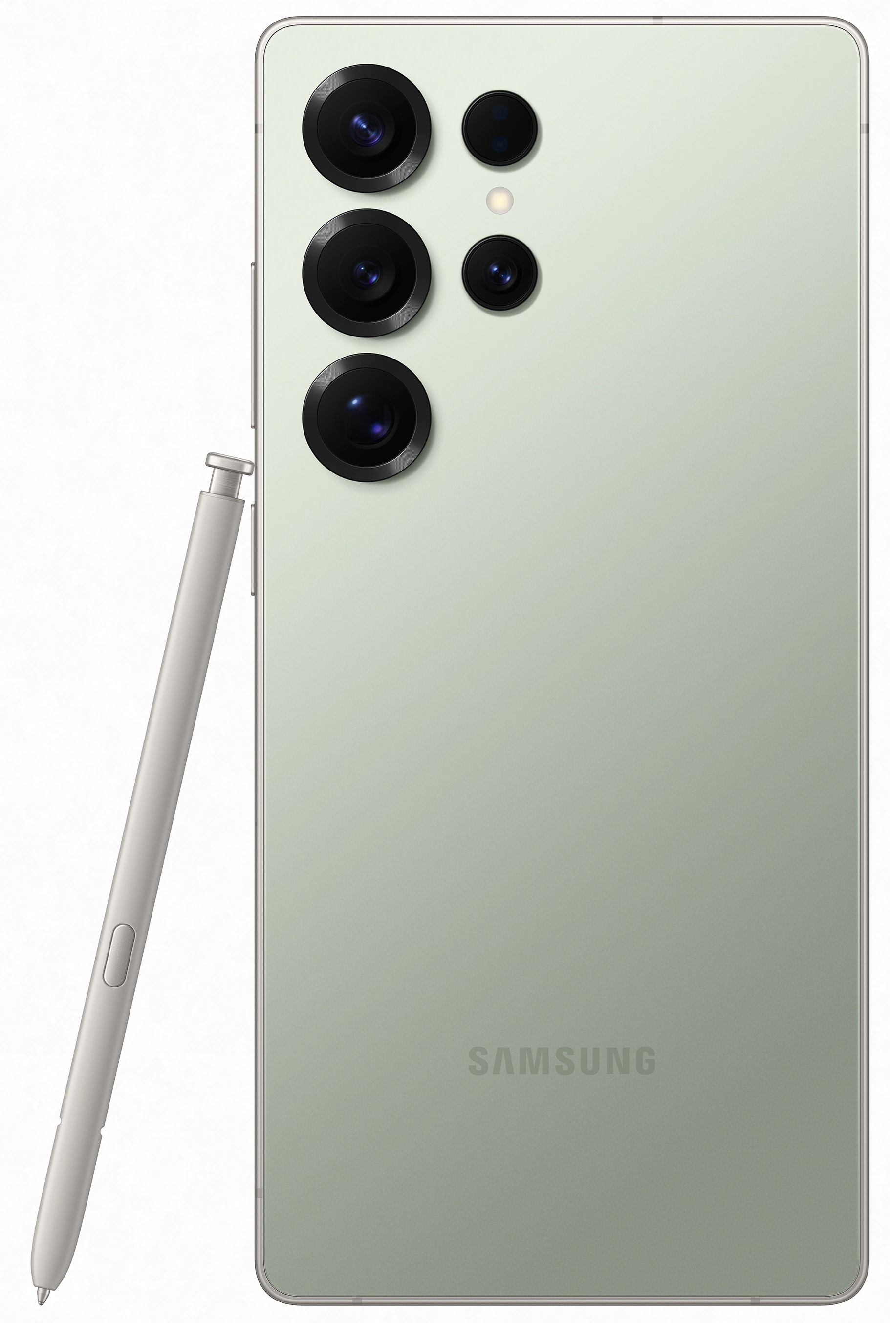 Szałwiowy smartfon z wieloma tylnymi aparatami i pasującym rysikiem.