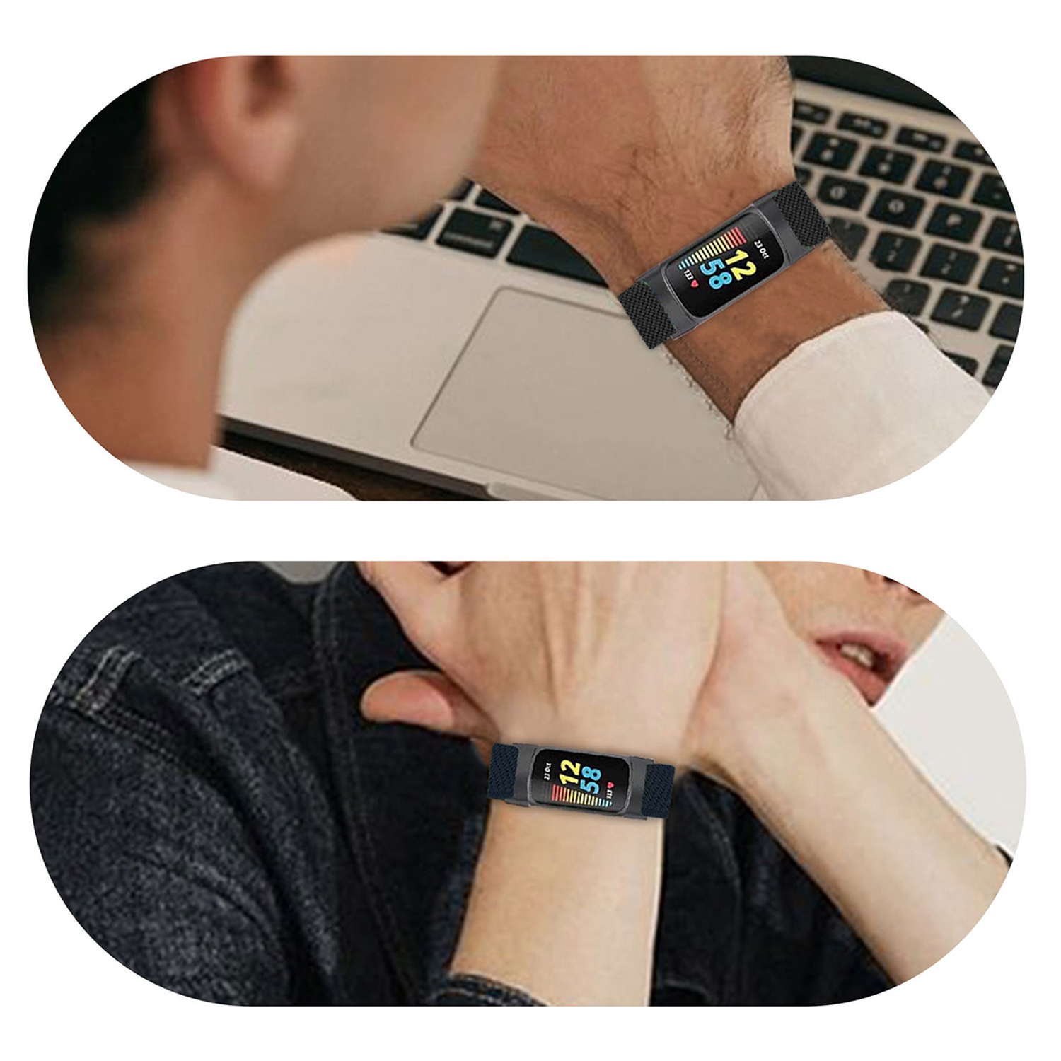Dwa obrazy: osoba nosząca opaskę fitness na nadgarstku i druga osoba z nią. Oba pokazują dane na ekranie.