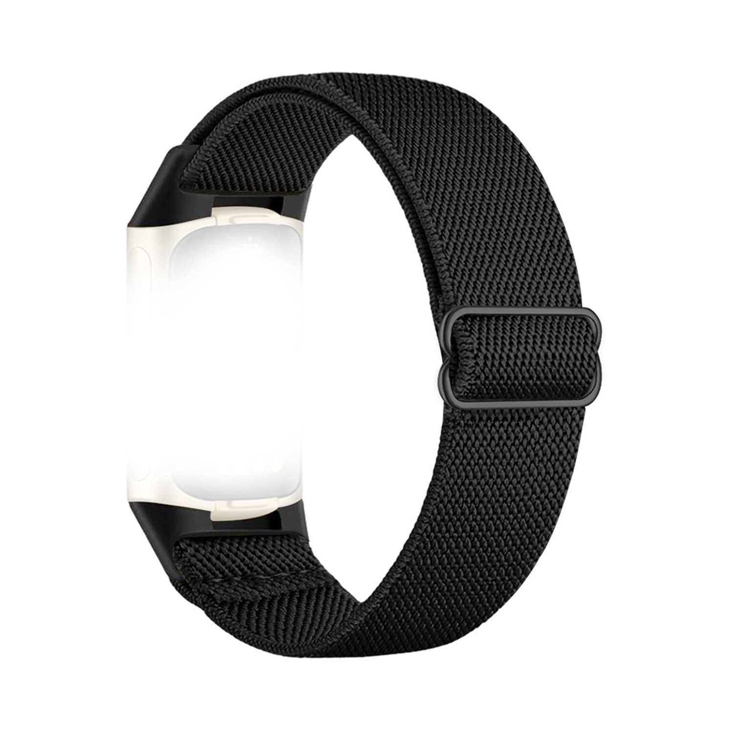 Czarny elastyczny pasek do smartwatcha, z czarną klamrą.