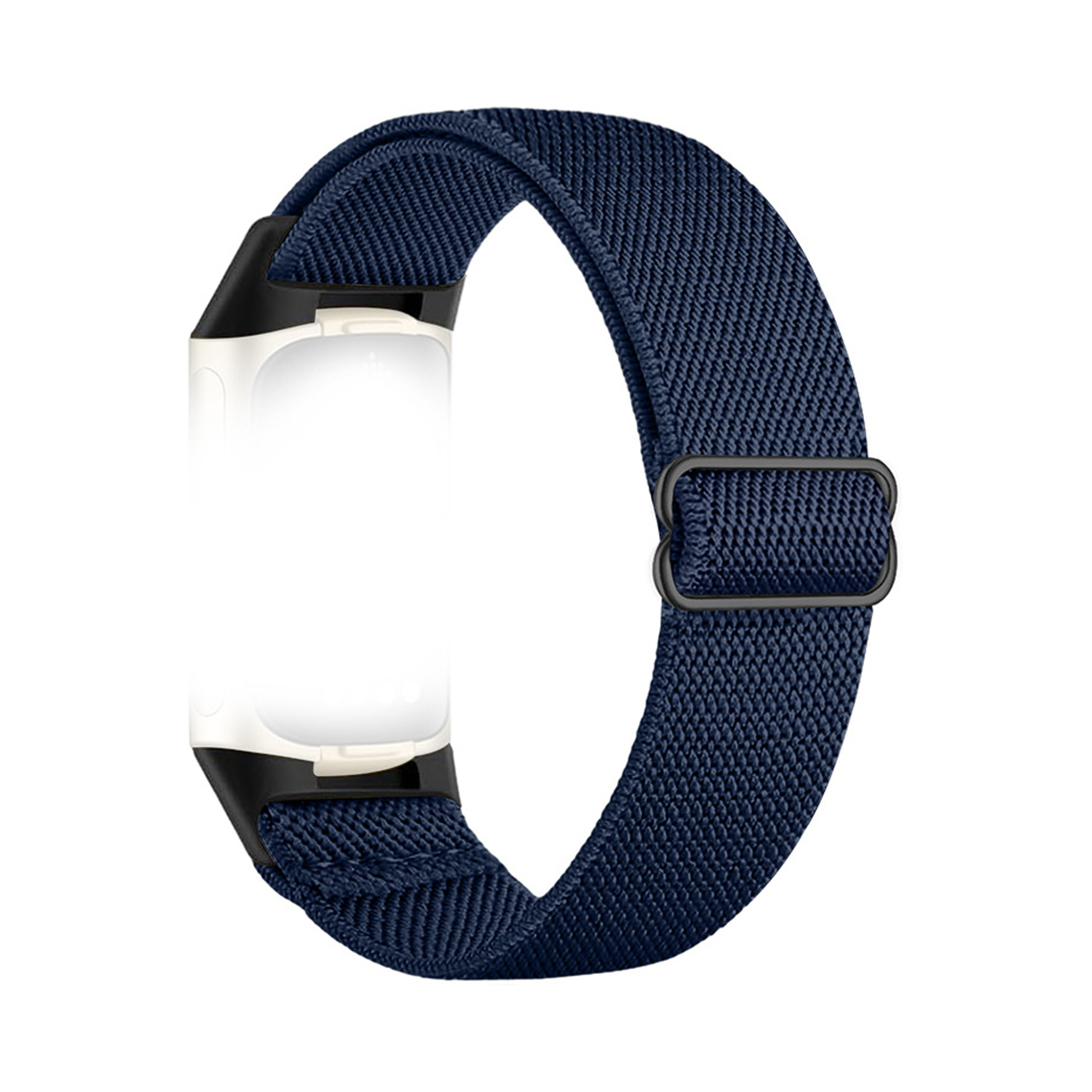 Granatowy pasek do smartwatcha z klamrą. Pasek jest materiałowy z czarną klamrą.
