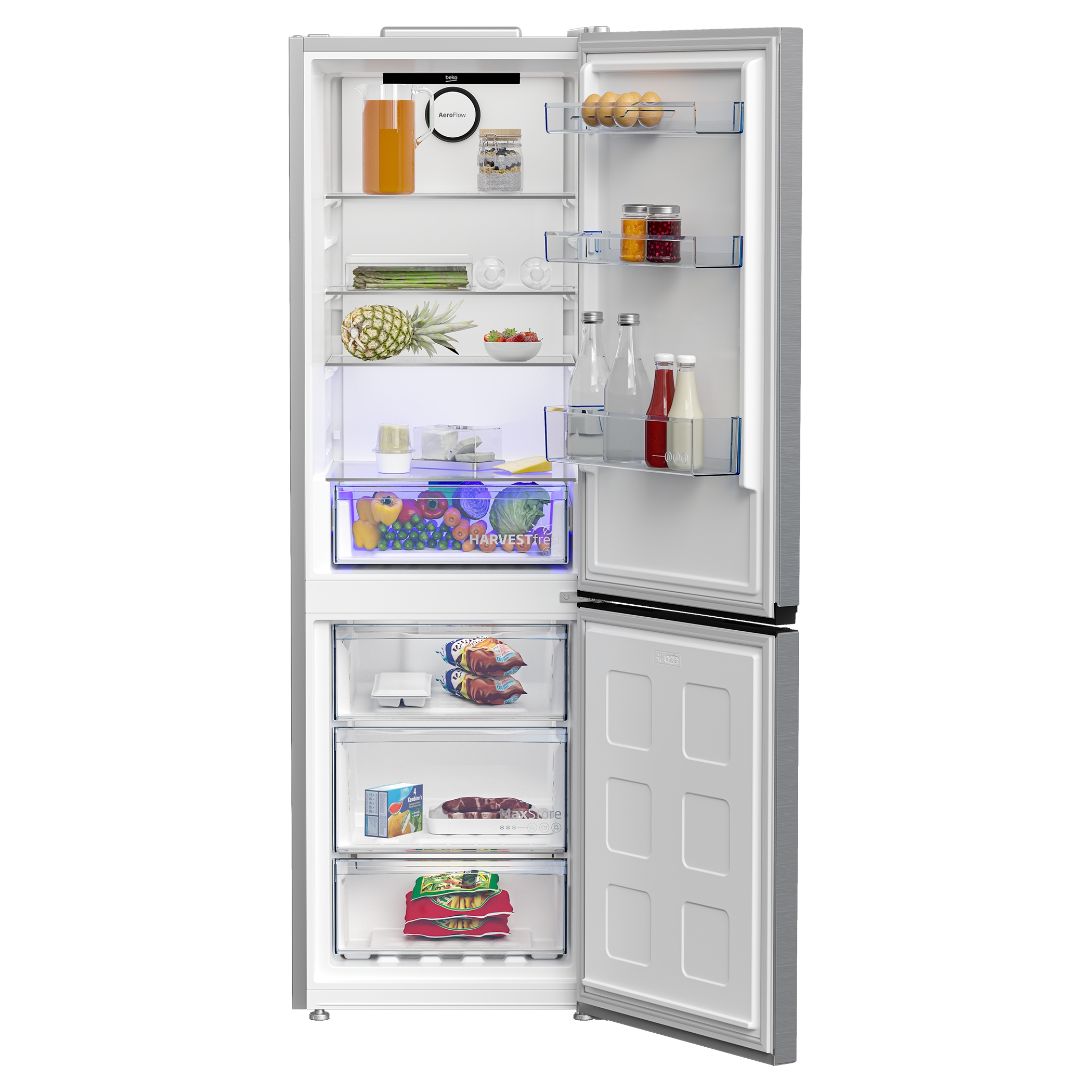 Un frigorifero aperto con generi alimentari all'interno. Include frutta, bevande e surgelati.