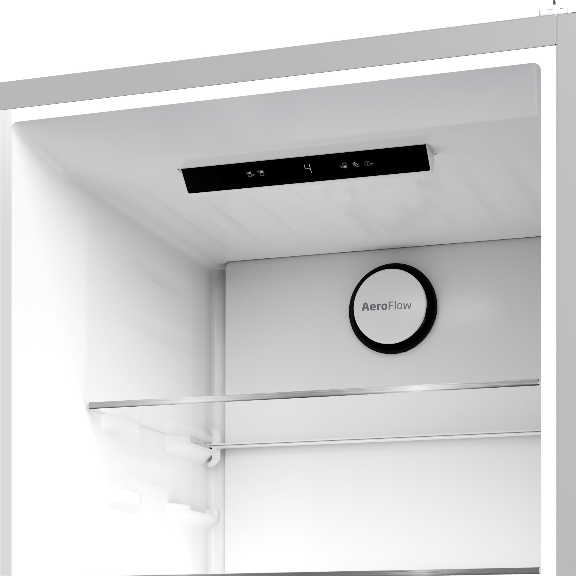 All'interno di un frigorifero, un display digitale mostra la temperatura. C'è un badge AeroFlow.