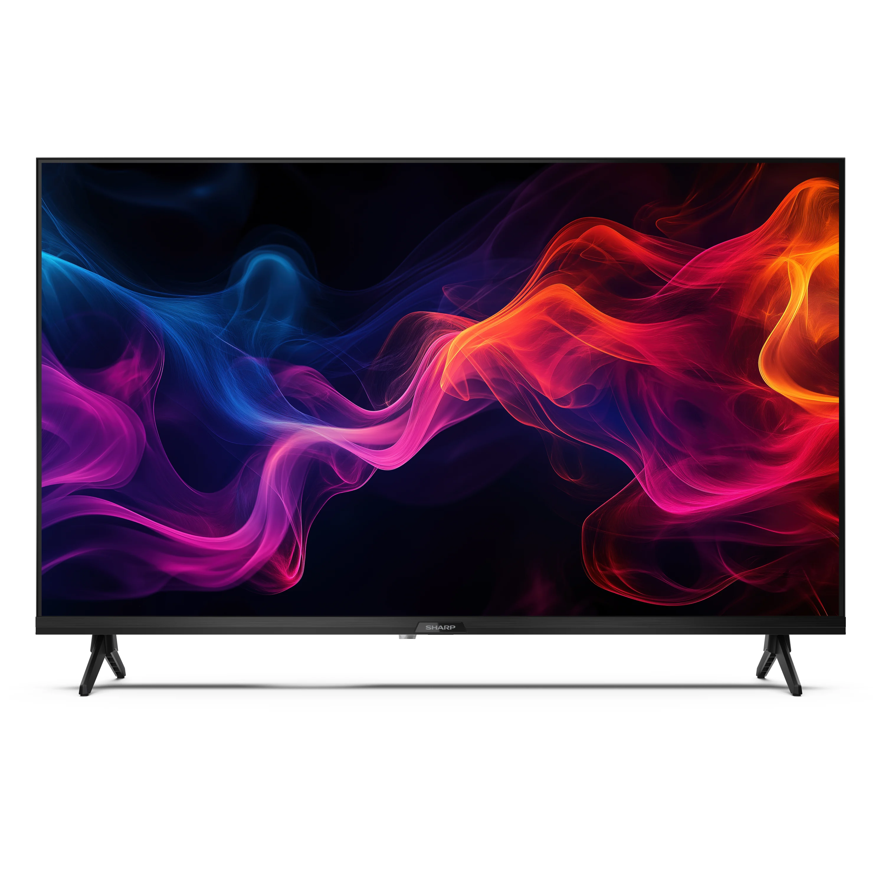 Una TV a schermo piatto su un supporto, che mostra un design astratto colorato su sfondo nero.