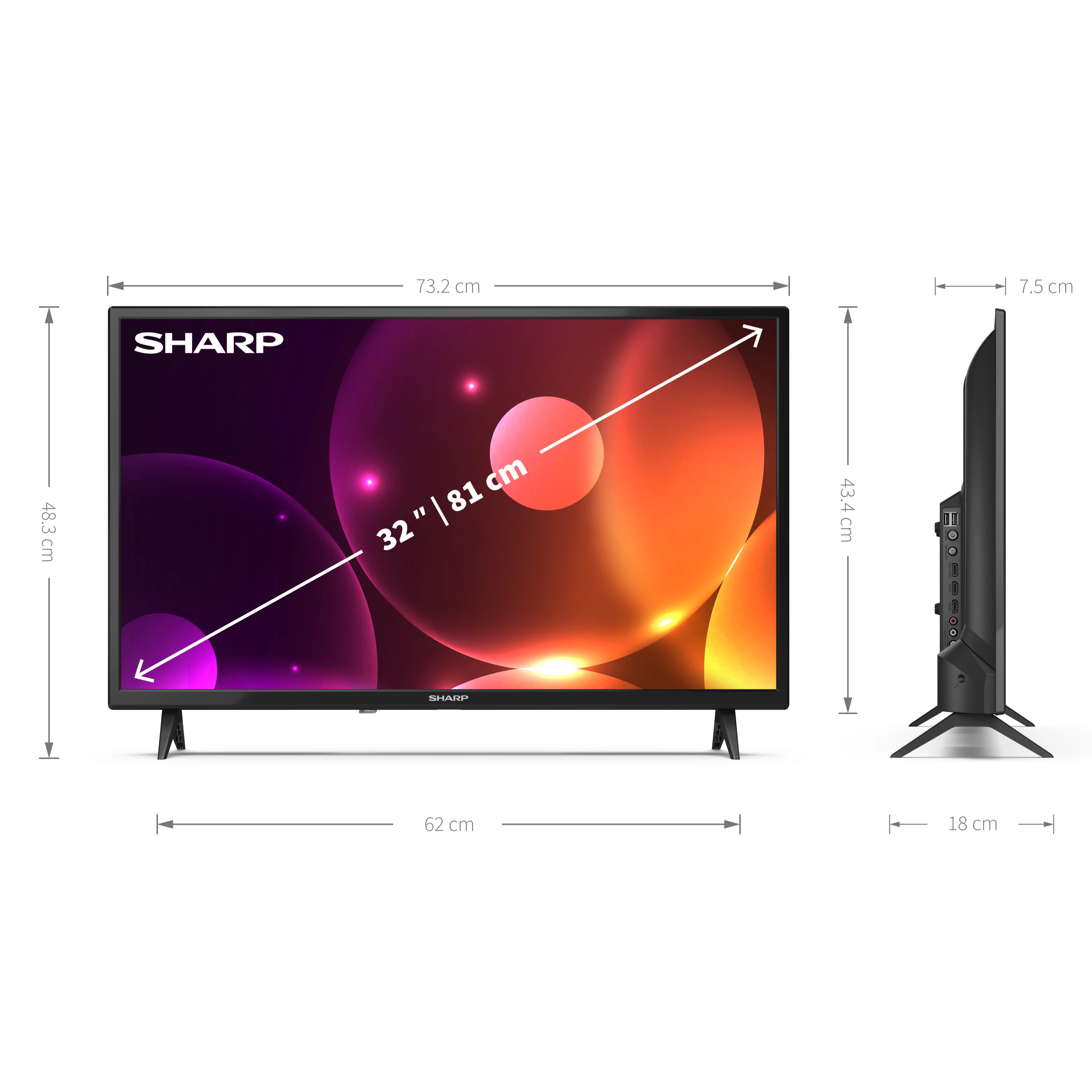 Un televisore Sharp da 32 pollici, cornice nera, dimensioni indicate. Lo schermo mostra forme colorate.