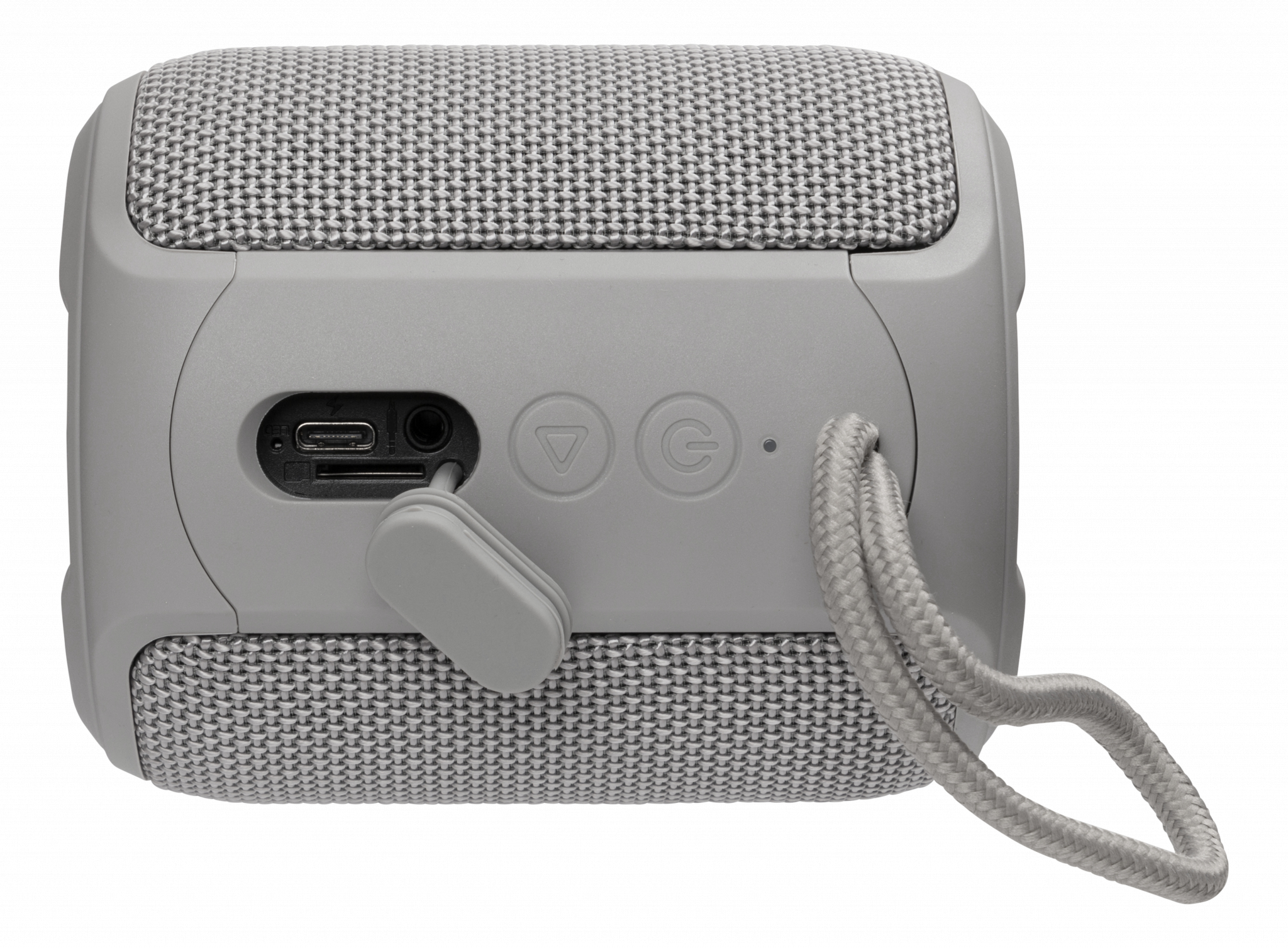 Un altoparlante portatile grigio con pulsanti e un cinturino. Ha uno sportello che copre una porta.