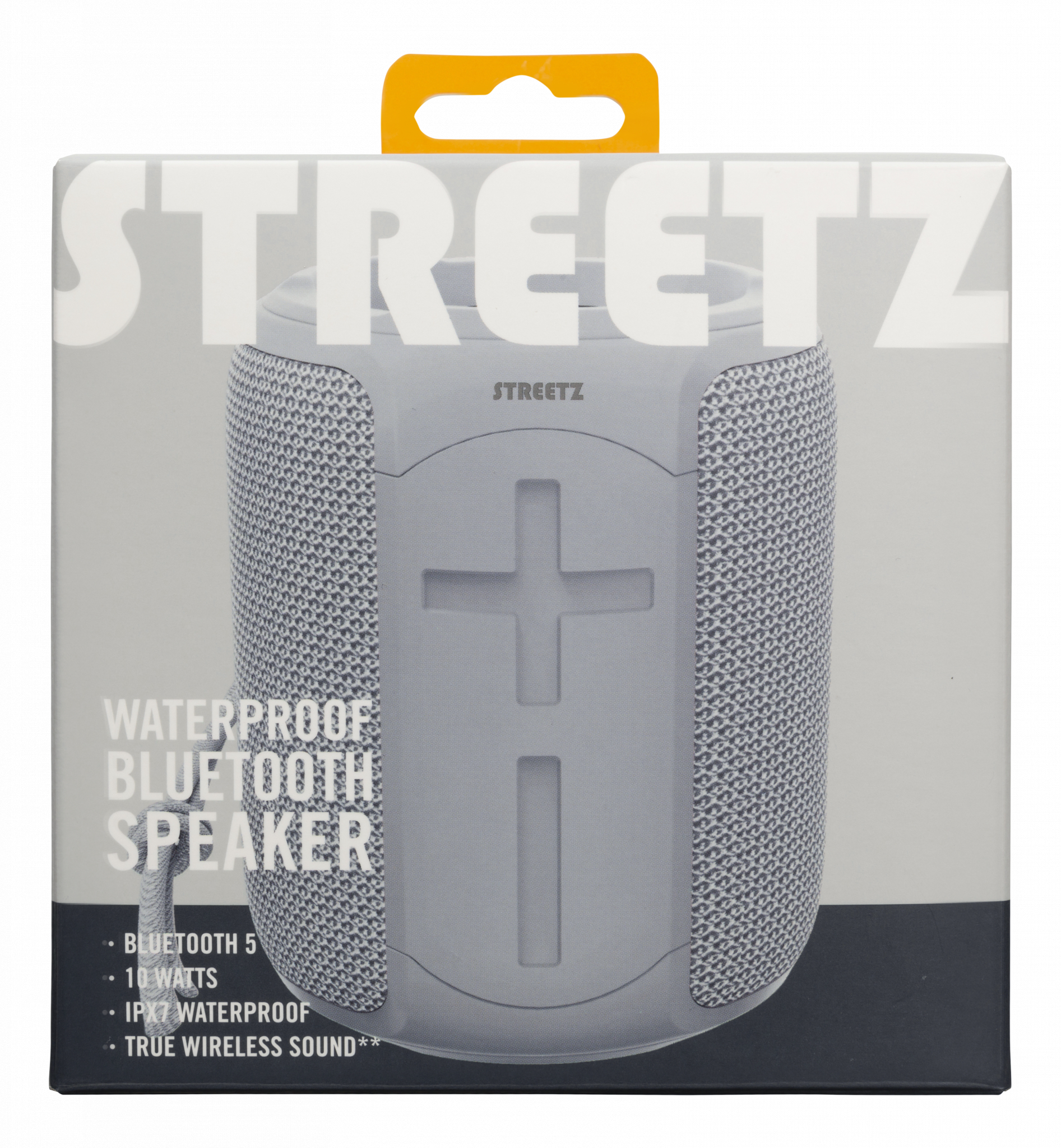 Un altoparlante Bluetooth Streetz impermeabile in una scatola, con testo e funzionalità elencate.