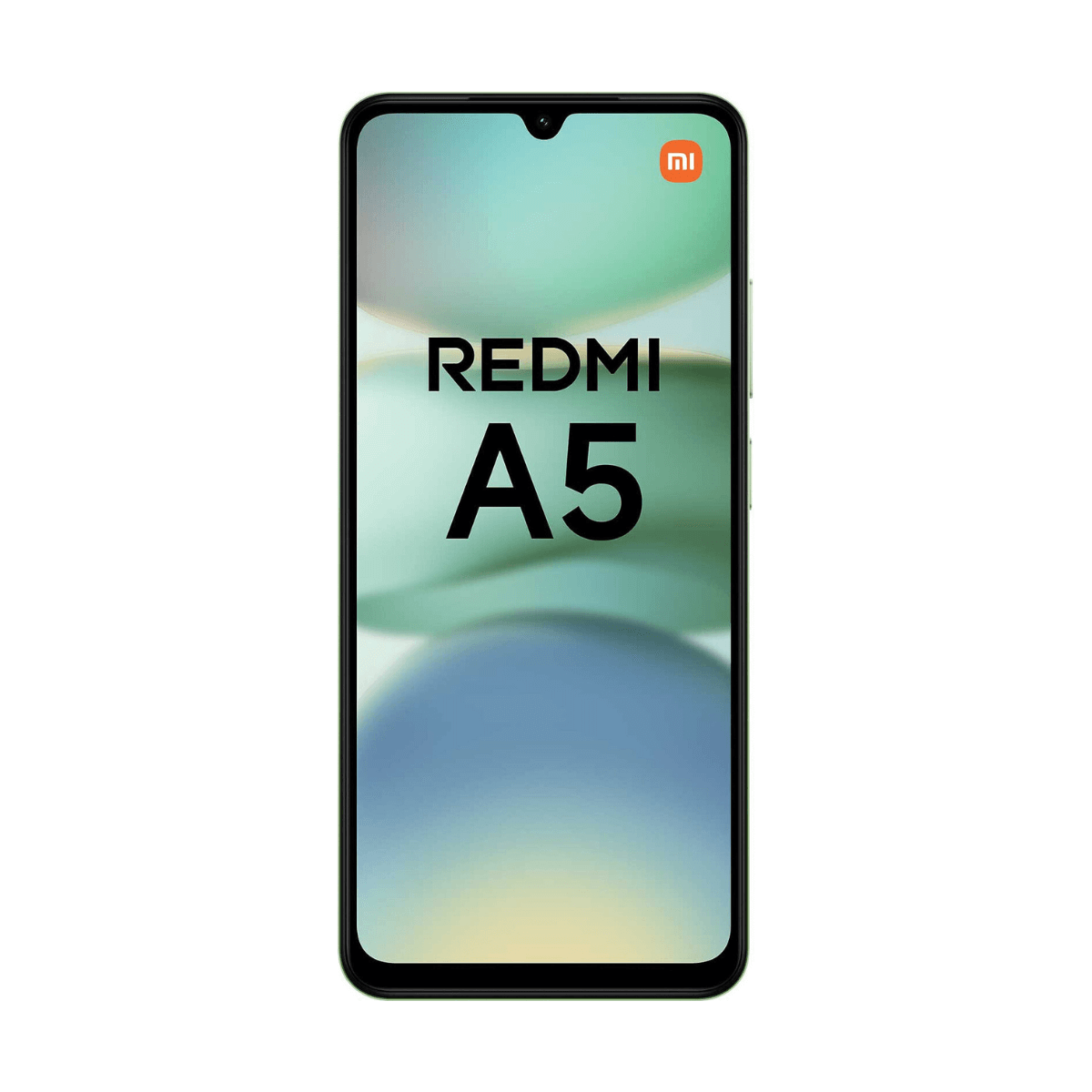 Smartfon Redmi A5 na białym tle. Telefon ma tekst na wyświetlaczu.