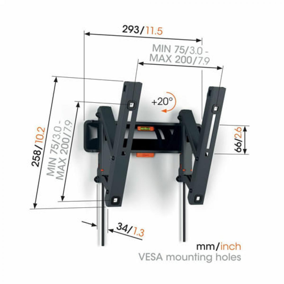 Disegno tecnico di un supporto da parete per TV nero con dimensioni.