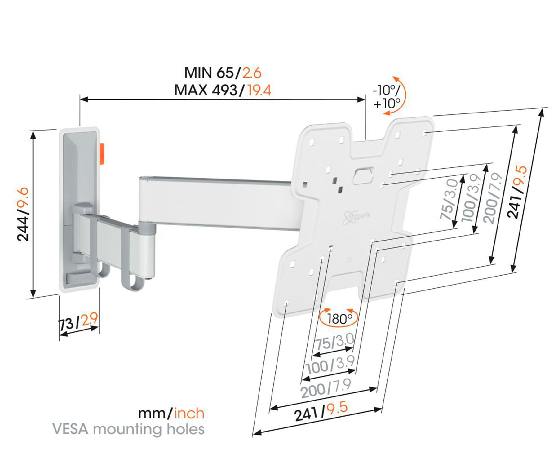 Schema di un supporto a parete bianco per TV con dimensioni in millimetri e pollici.