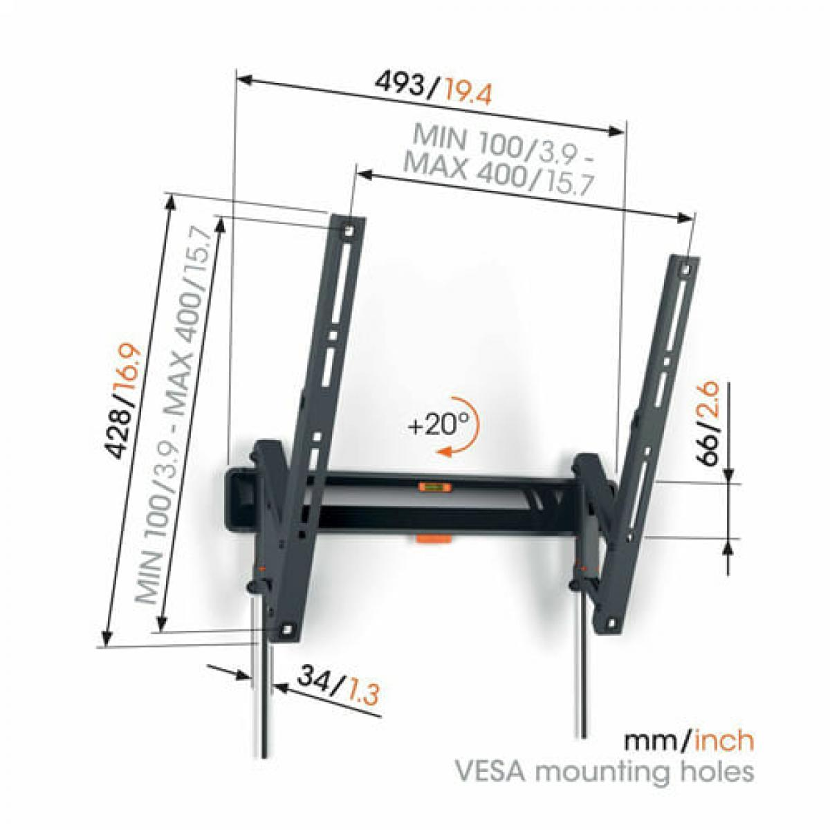 Supporto da parete nero con dimensioni e indicatore di inclinazione (+20 gradi).