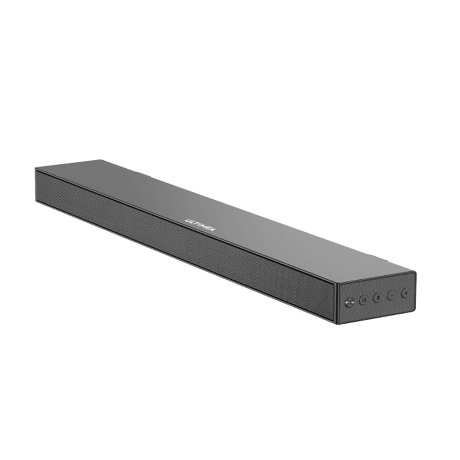 Donkergrijze soundbar-luidspreker met afgeronde hoeken en een stoffen rooster.