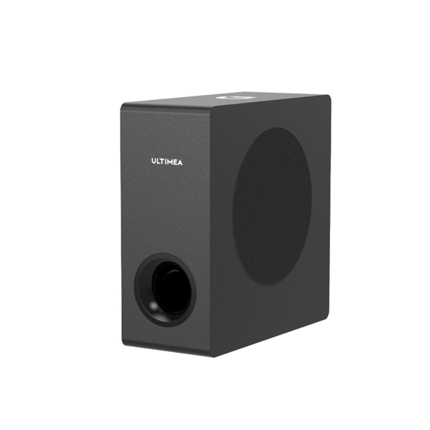 Donkergrijze Ultimea subwoofer met een poort aan de voorkant en een grote cirkelvormige luidspreker.
