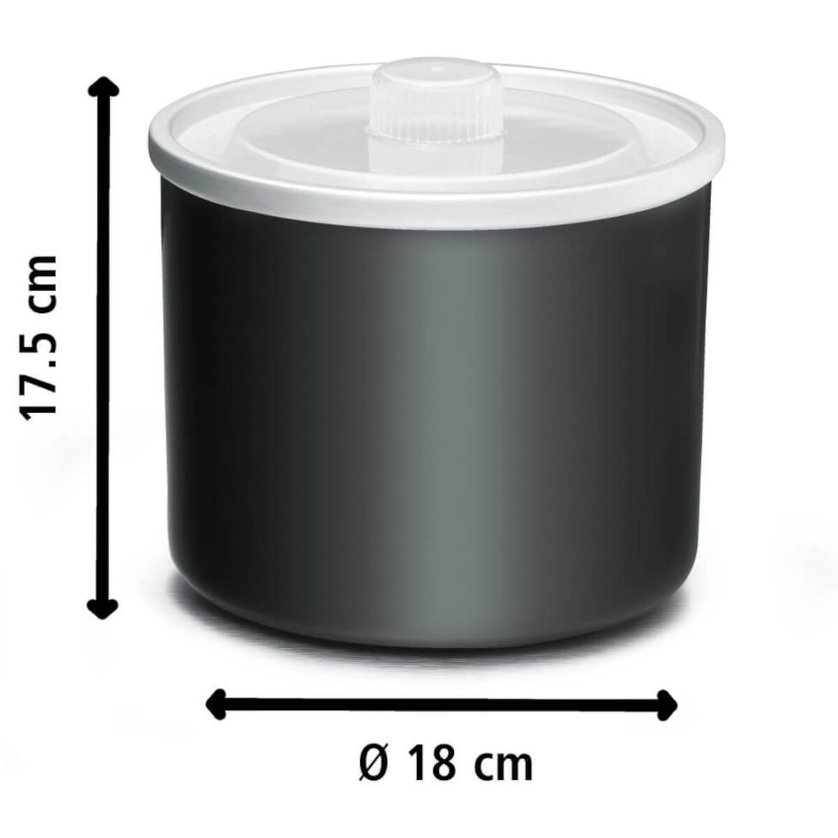 Schwarzer Eiskübel mit weißem Deckel, Maße angegeben. Durchmesser 18 cm, Höhe 17,5 cm.
