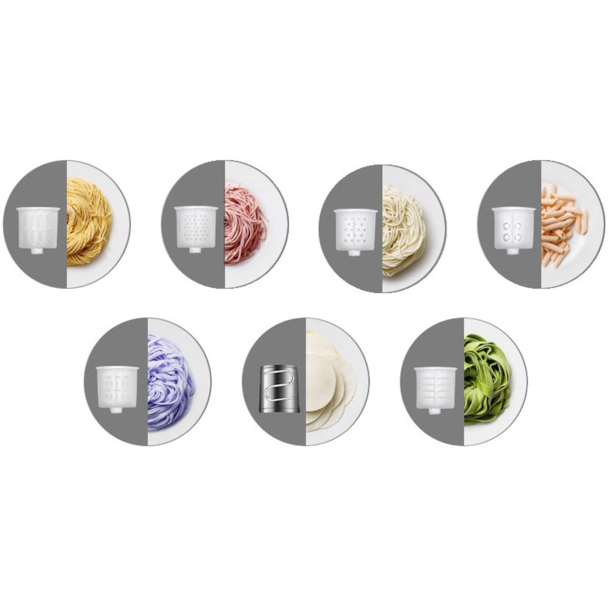 Talerze z różnymi rodzajami makaronu i innymi składnikami, każdy podzielony na pół.