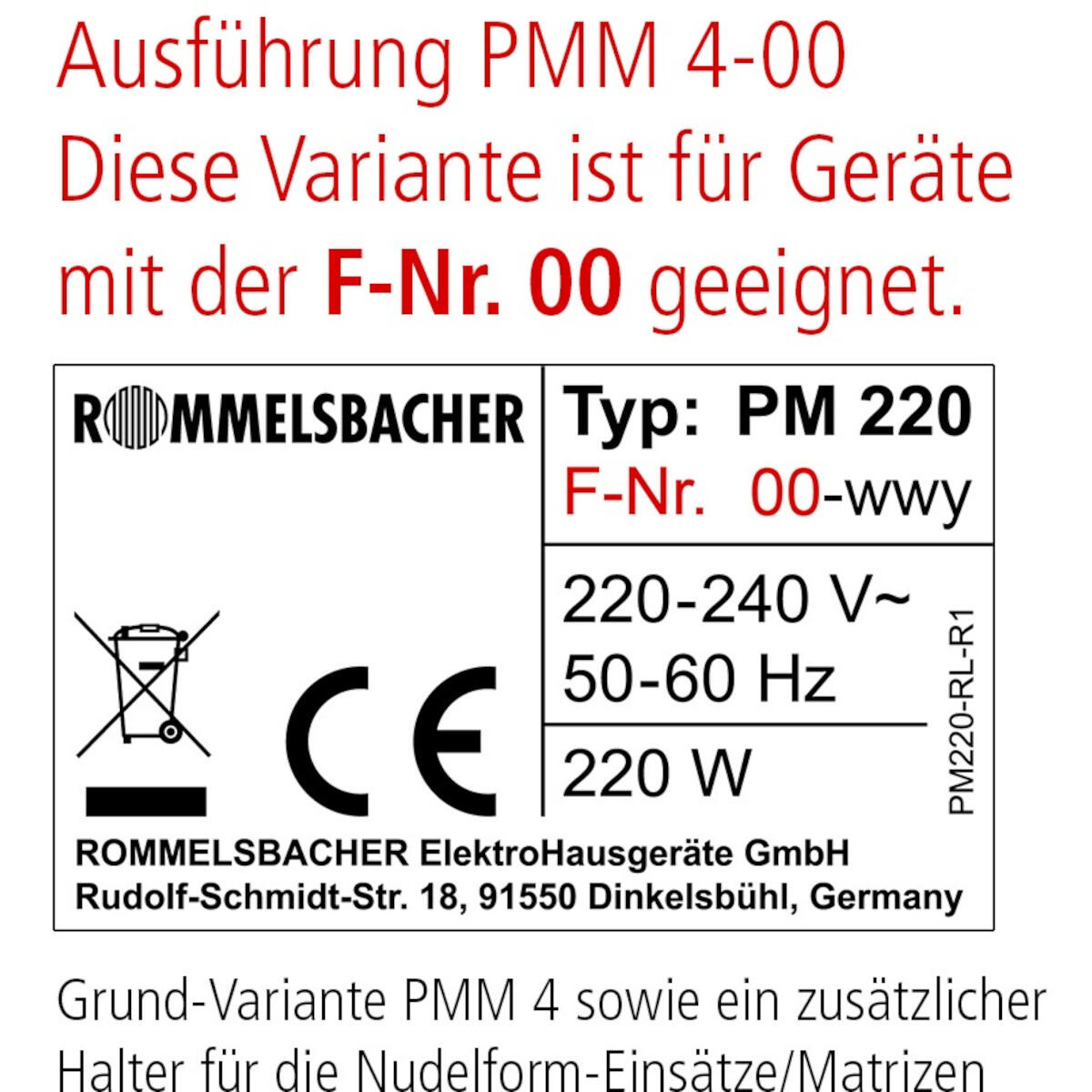 Etykieta produktu z oznaczeniami Rommelsbacher i CE ze szczegółami urządzenia.