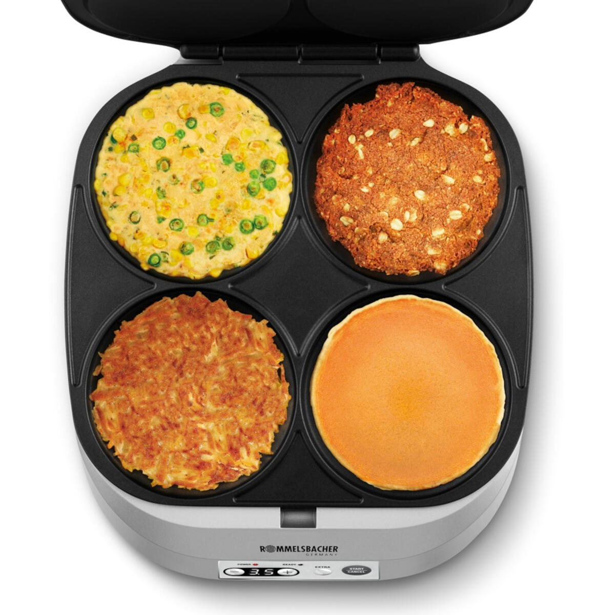 Maszyna do naleśników z 4 wypełnionymi sekcjami. Widoczne różne mieszanki ciasta.