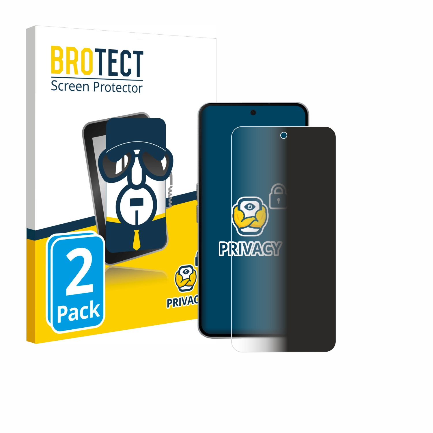 Handy-Displayschutzfolien, eine Box und ein Handy sind sichtbar. Auf der Box steht 'BROTECT' und '2 Pack'.