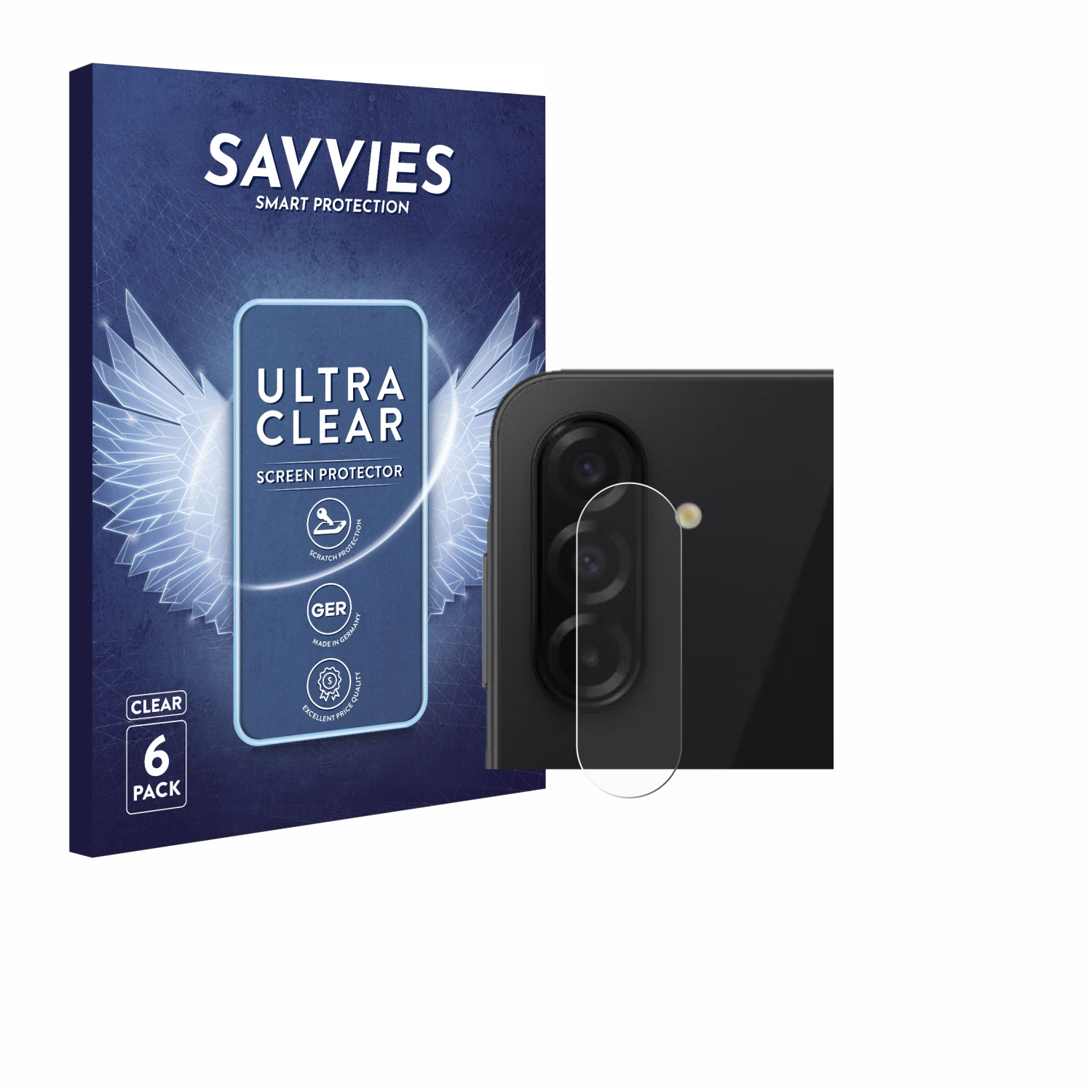Ein Telefon mit Kamera neben einer Box mit der Aufschrift "SAVVIES ULTRA CLEAR SCREEN PROTECTOR".
