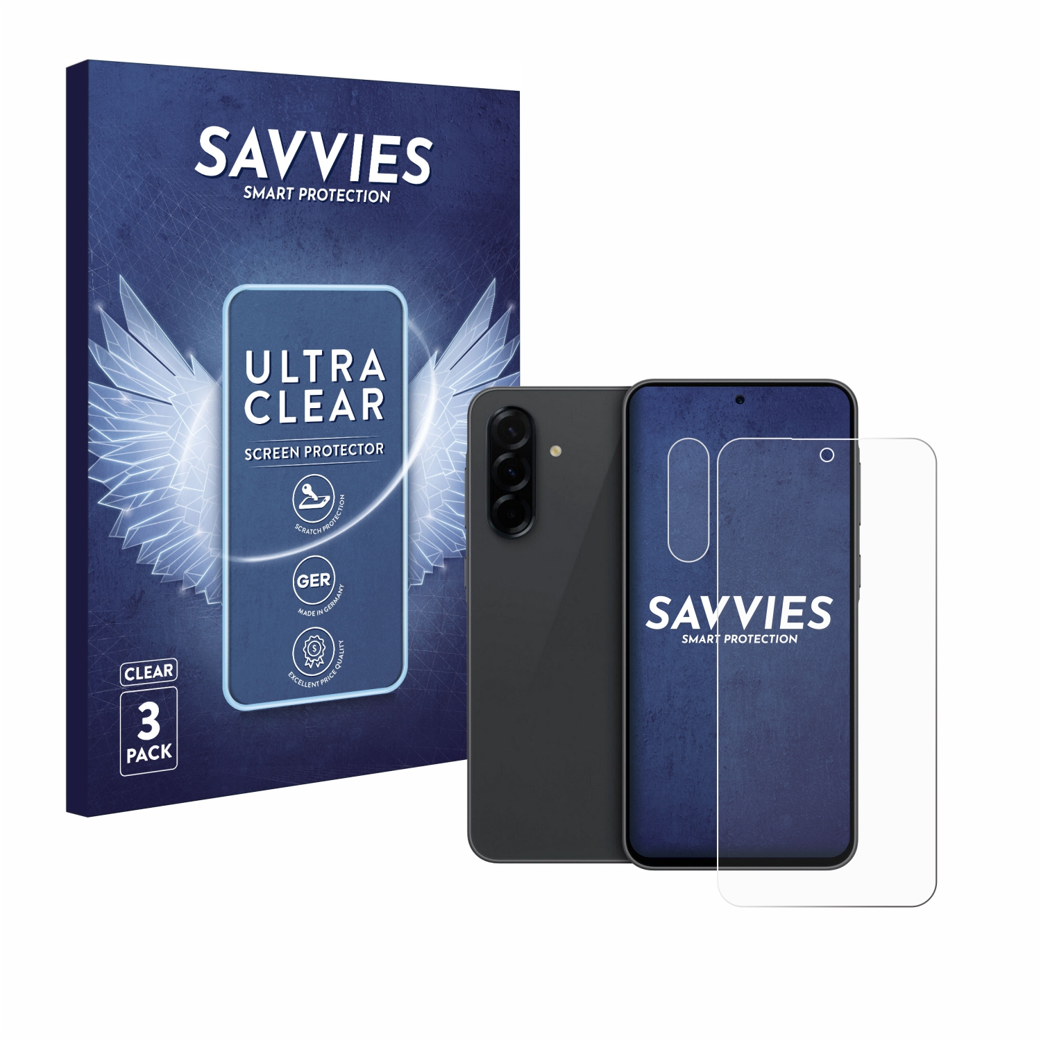 Ein Telefon, eine Displayschutzfolie und eine Box. Auf der Box steht SAVVIES und SMART PROTECTION.