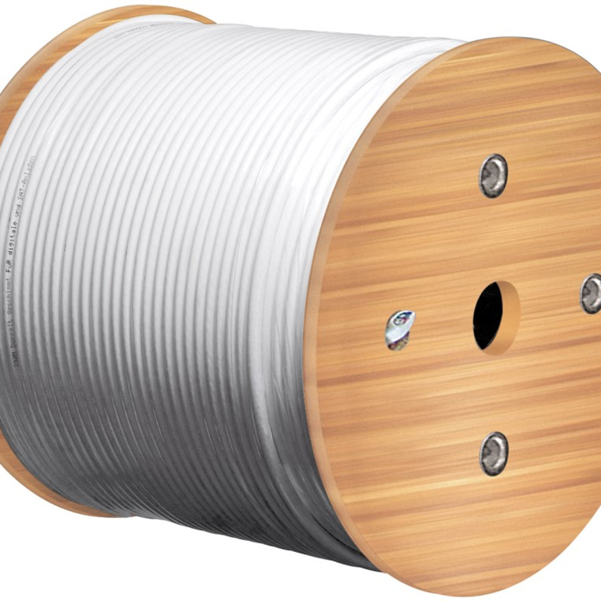 Bobina di legno con cavo bianco avvolto. Il cavo è pulito e nuovo.