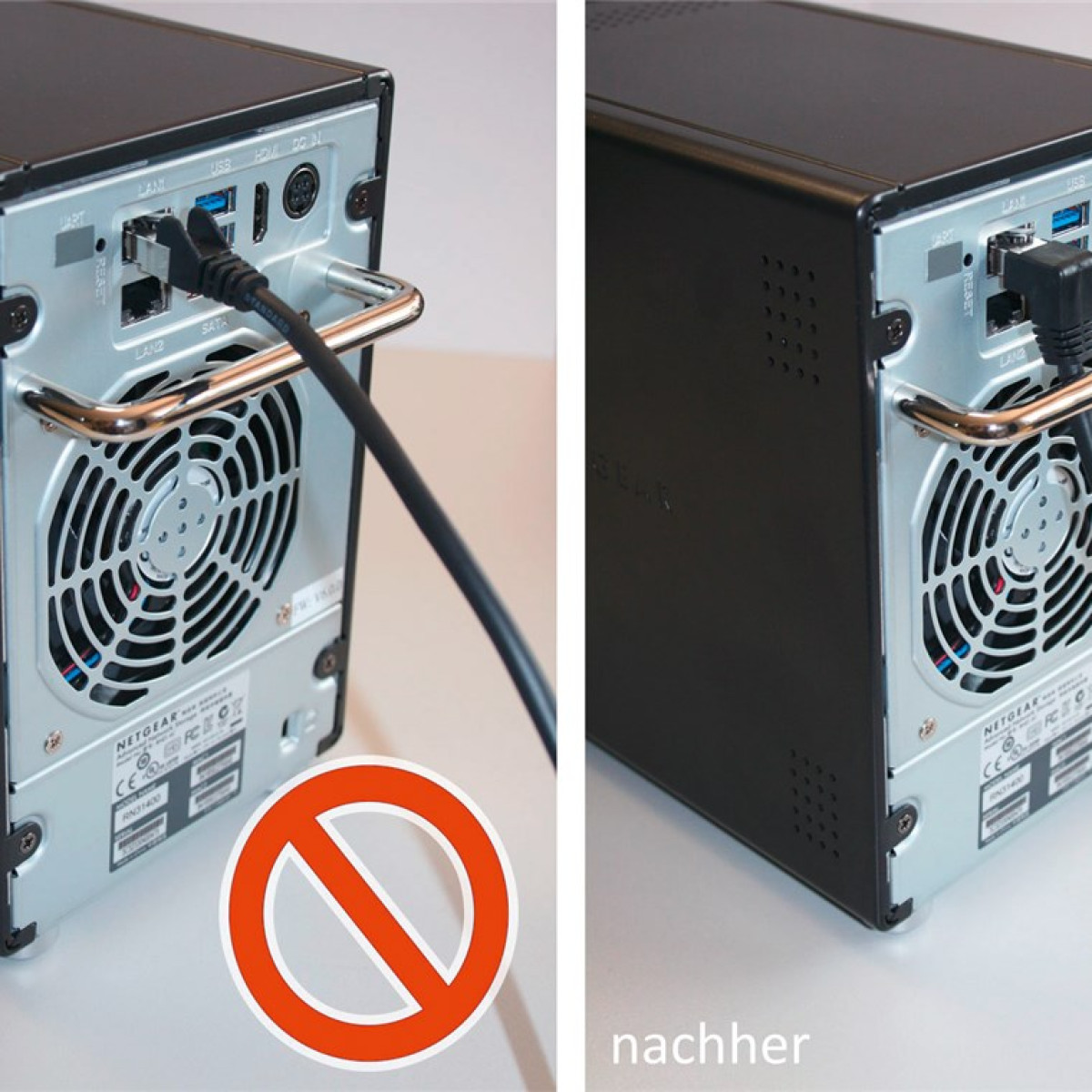 Wyświetlane są dwa widoki czarnego serwera. Jeden z podłączonym kablem, a drugi bez.