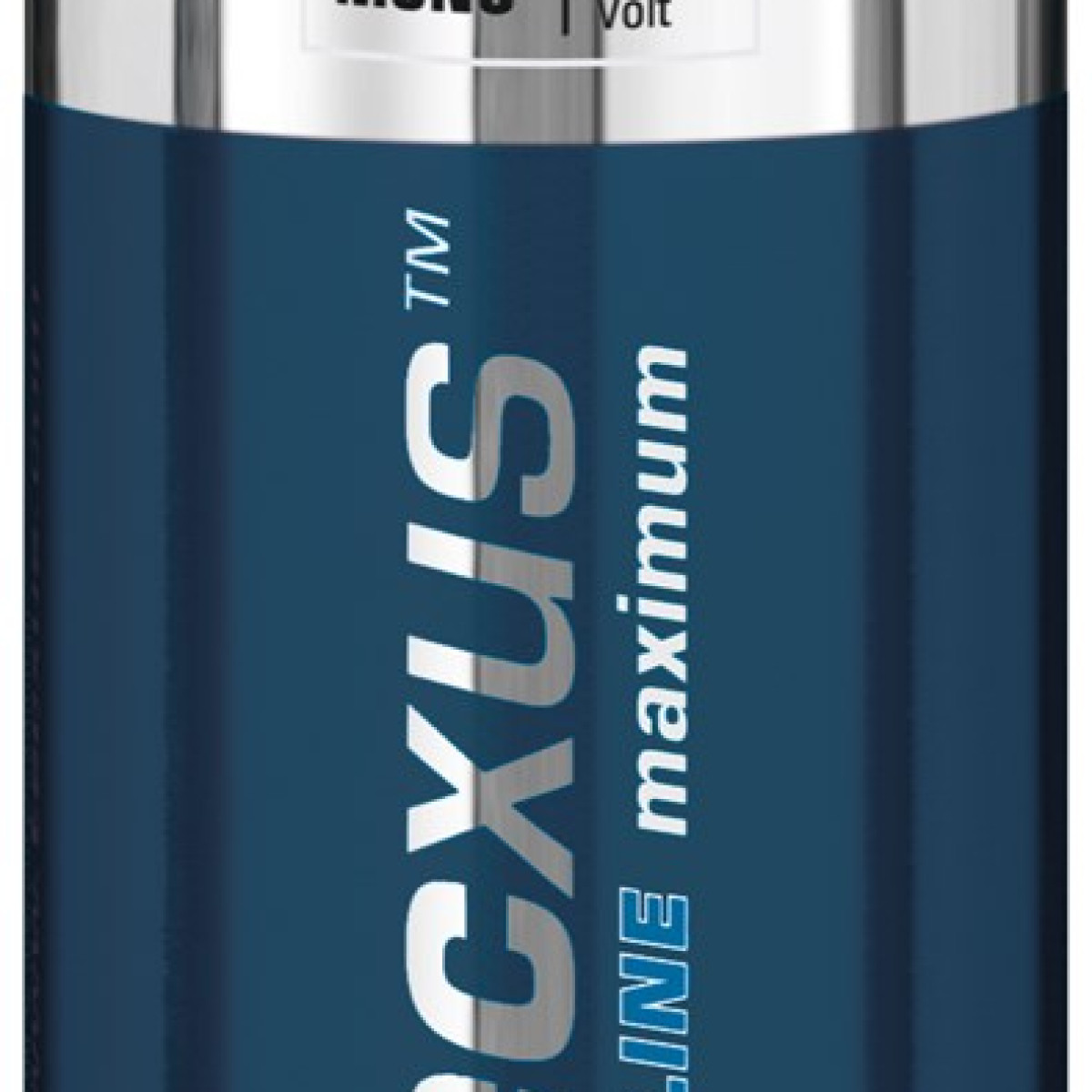 Primo piano di una batteria blu con testo bianco. Il marchio è CXUS, con 'maximum'.